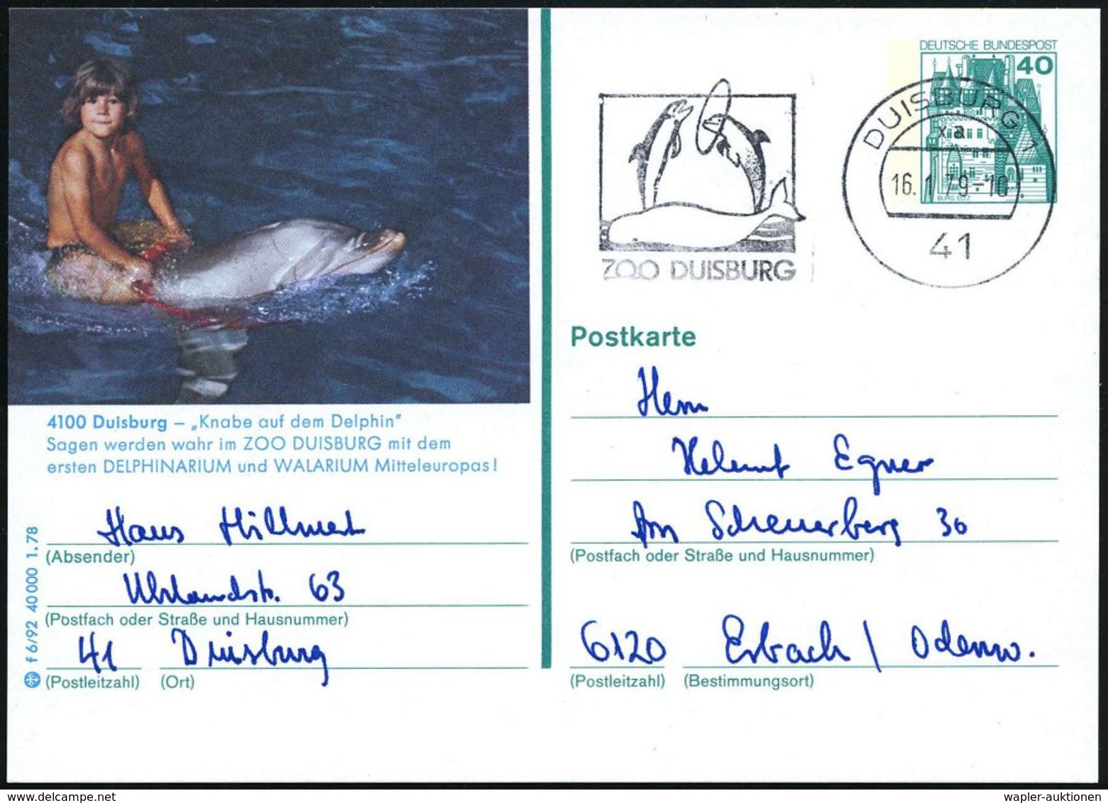 1979 (16.1.) 41 DUISBURG 1, Maschinen-Werbestempel: ZOO DUISBURG = Weißer Wal, 2 Delphine Auf Passender Bild-Ganzsache 4 - Other & Unclassified