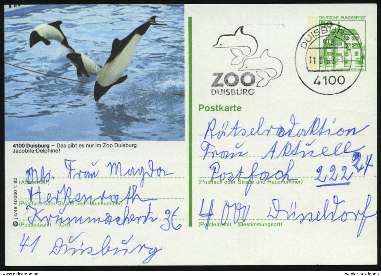 1982 4100 DUISBURG 1, 50 Pf. Bildganzsache Burgen, Grün: ZOO DUISBURG Jacobita-Delphine (Mi.P 134) + Passender. Ortsglei - Other & Unclassified