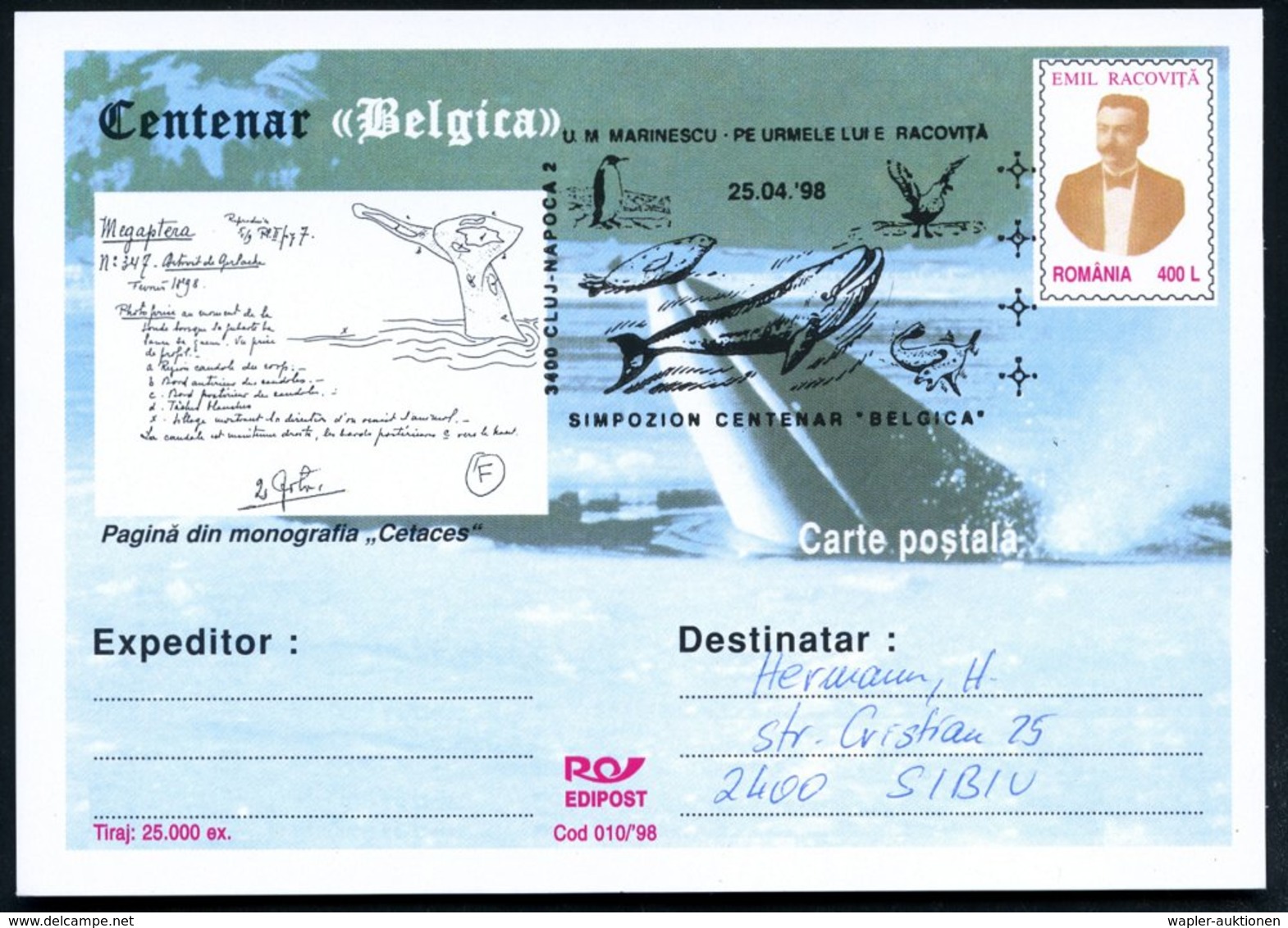 1998 (25.4.) RUMÄNIEN, 400 L. Sonder-Bild-Ganzsache: 100 JAHRE ANTARKTIS-EXPEDITION "BELGICA" (Wal-Zeichnung Etc.) + Pas - Other & Unclassified