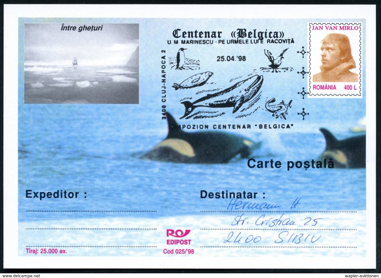 1998 (25.4.) RUMÄNIEN, 400 L. Sonder-Bild-Ganzsache: 100 JAHRE ANTARKTIS-EXPEDITION "BELGICA" (Wal-Zeichnung Etc.) + Pas - Other & Unclassified