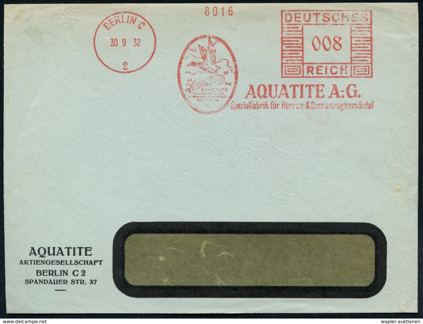 1932 (30.9.) BERLIN C 2, Absender-Freistempel: AQUATITE AG., Spezialfabrik Für Herren- U. Damenregenmäntel = Wildente, F - Other & Unclassified