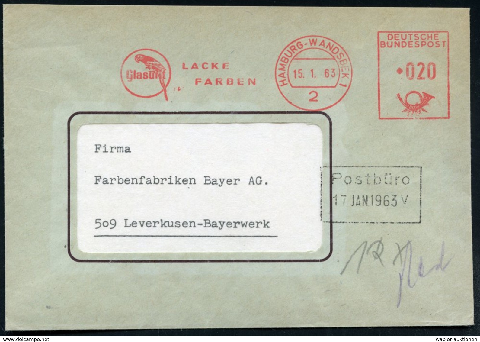 1963 2 HAMBURG-WANDSBEK 1, Absender-Freistempel: Glasurit LACKE, FARBEN = Papagei + Rs. Motivgleicher Abs.-Vordruck, Fer - Autres & Non Classés