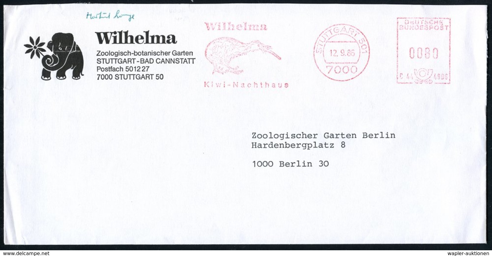 1986 7000 STUTTGART 501, Absender-Freistempel: Wilhelm Kiwi-Nachthaus (= Kiwi) Illustrierter Fernbrief: Wilhelma Zoolog. - Sonstige & Ohne Zuordnung