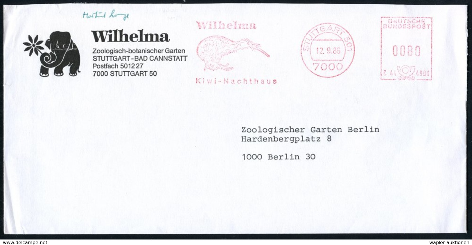 1986 7000 STUTTGART 501, Absender-Freistempel: Wilhelm Kiwi-Nachthaus (= Kiwi) Illustrierter Fernbrief: Wilhelma Zoolog. - Other & Unclassified