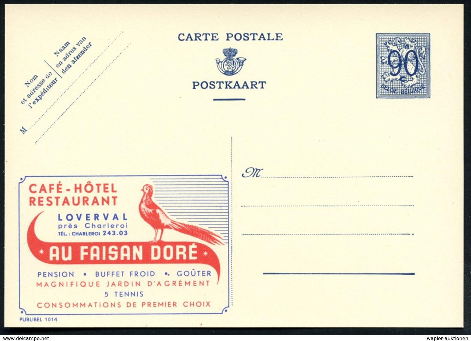 1951 BELGIEN, 90 C. Publibel-Ganzsache: CAFE - HOTEL RESTAURANT.. AU FAISAN DORE = Fasan, Ungebr. (Mi.P 273 I / 1014) -  - Autres & Non Classés