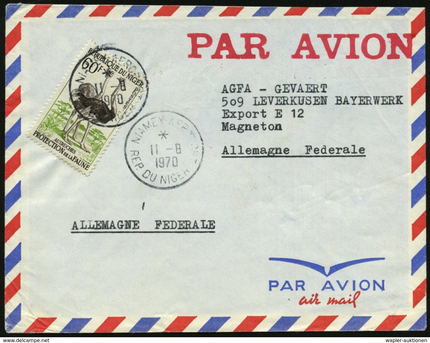 1970 (11.8.) NIGER, 60 F. Naturschutz, EF = Vogel Strauß, Klar Gest. Übersee-Flugpostbrief (Mi.10 EF) - Vögel / Birds /  - Other & Unclassified