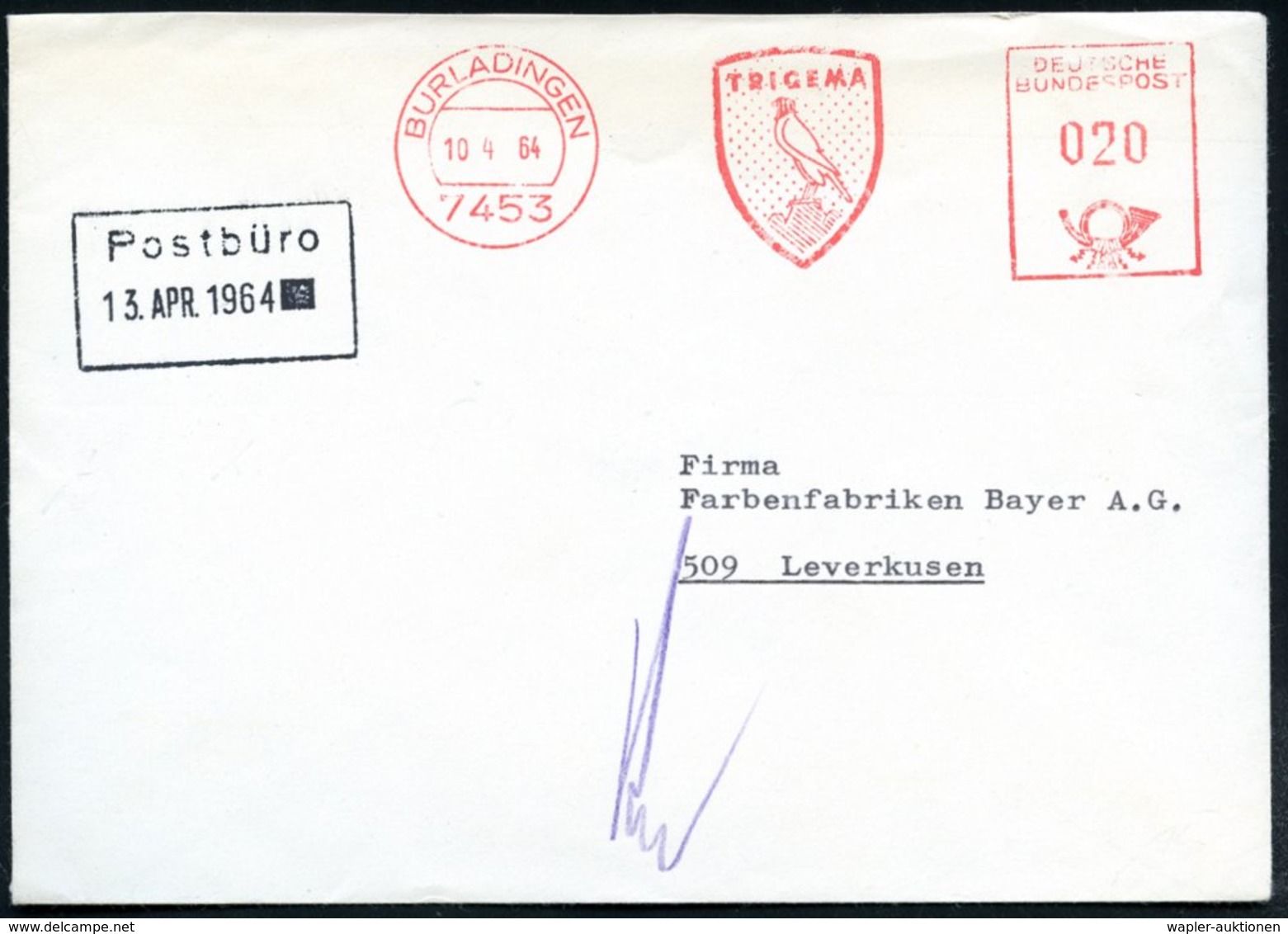 1964 (10.4.) 7453 BURLADINGEN; Absender-Freistempel: TRIGEMA = Jagdfalke, Rs. Abs.-Vordruck: GEBR. MAYER KG., Fernbrief  - Altri & Non Classificati