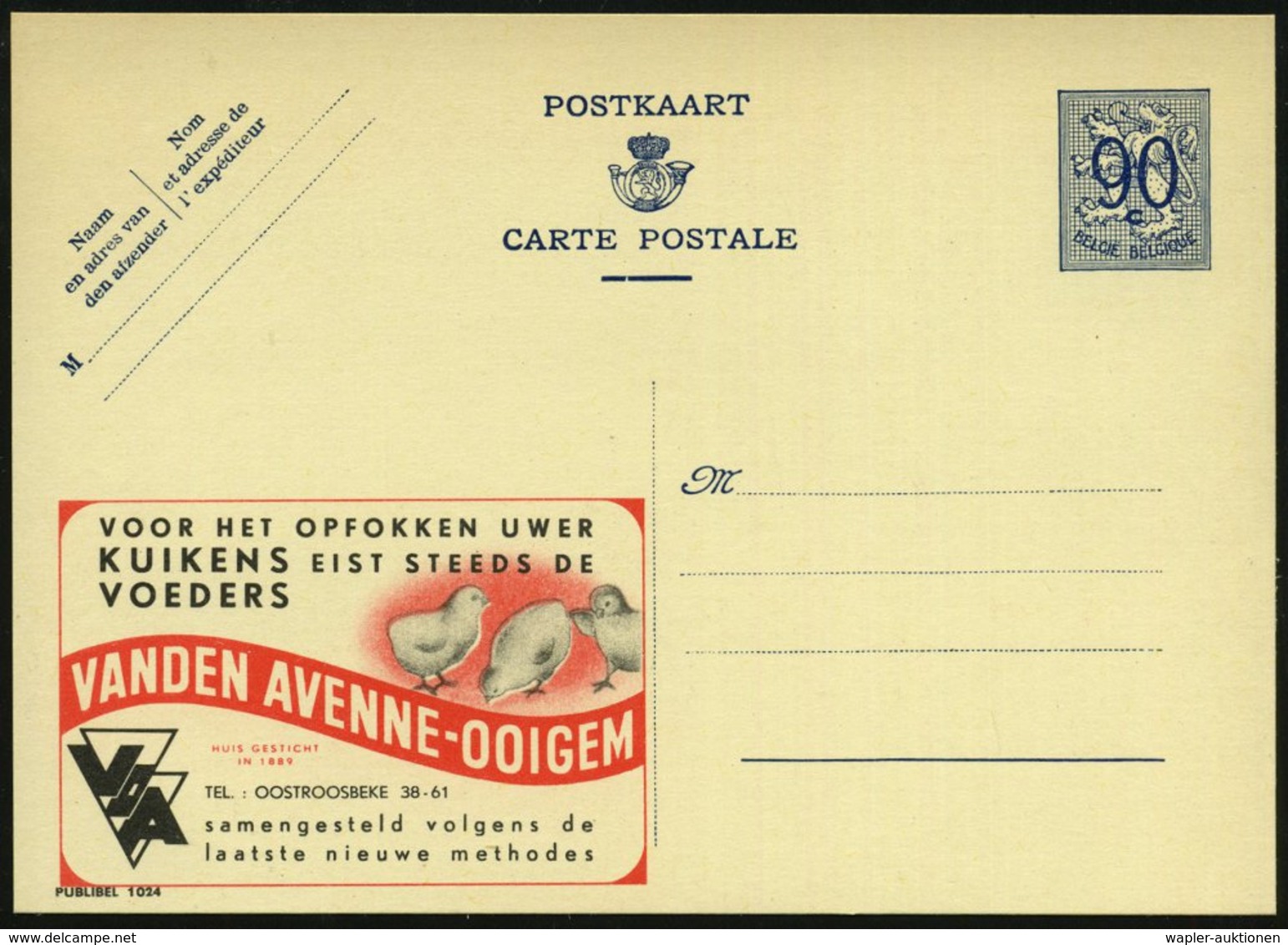 1951 BELGIEN, 90 C. Publibel-Ganzsache: ..KUIKENS.. VANDEN AVENNE-OOIGEM = 3 Küken, Ungebr. (Mi.P 273 II / 1024) - Nutzv - Other & Unclassified