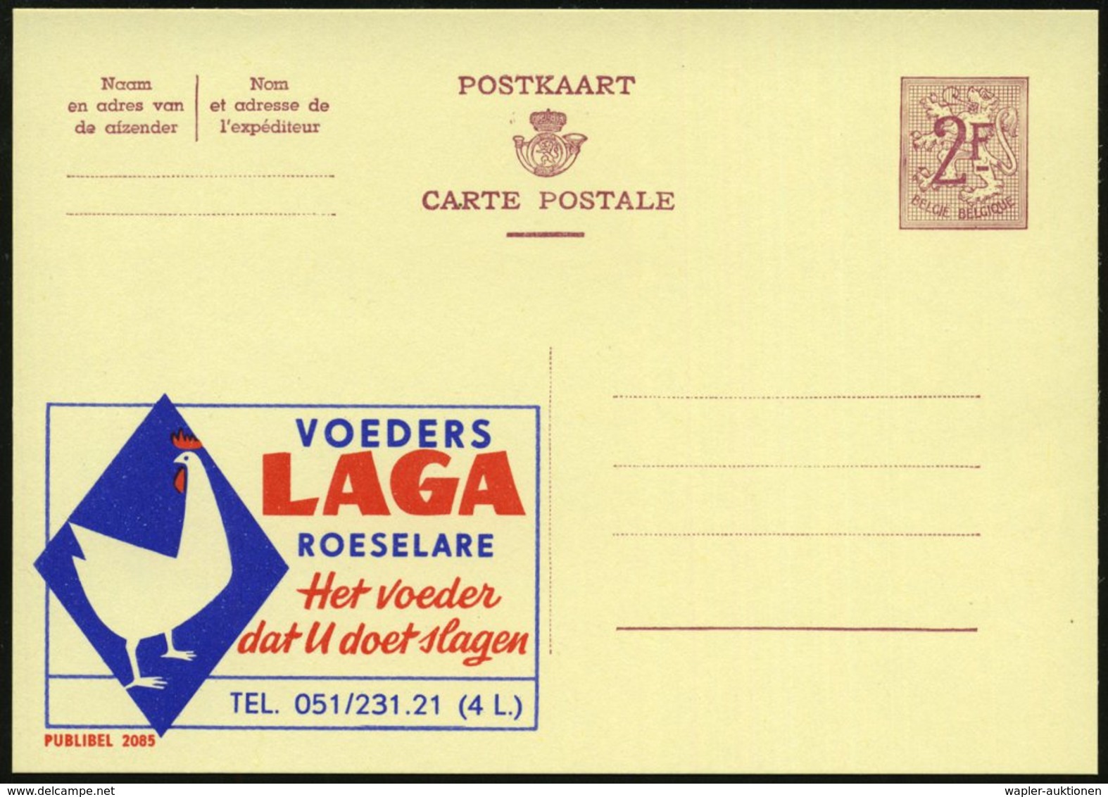 1959 BELGIEN, 2 F. Publibel-Ganzsache: VOEDERS LAGA ROESELARE.. = Huhn, Ungebr. (Mi.P 319 II / 2085) - Nutzvögel & Ei /  - Other & Unclassified