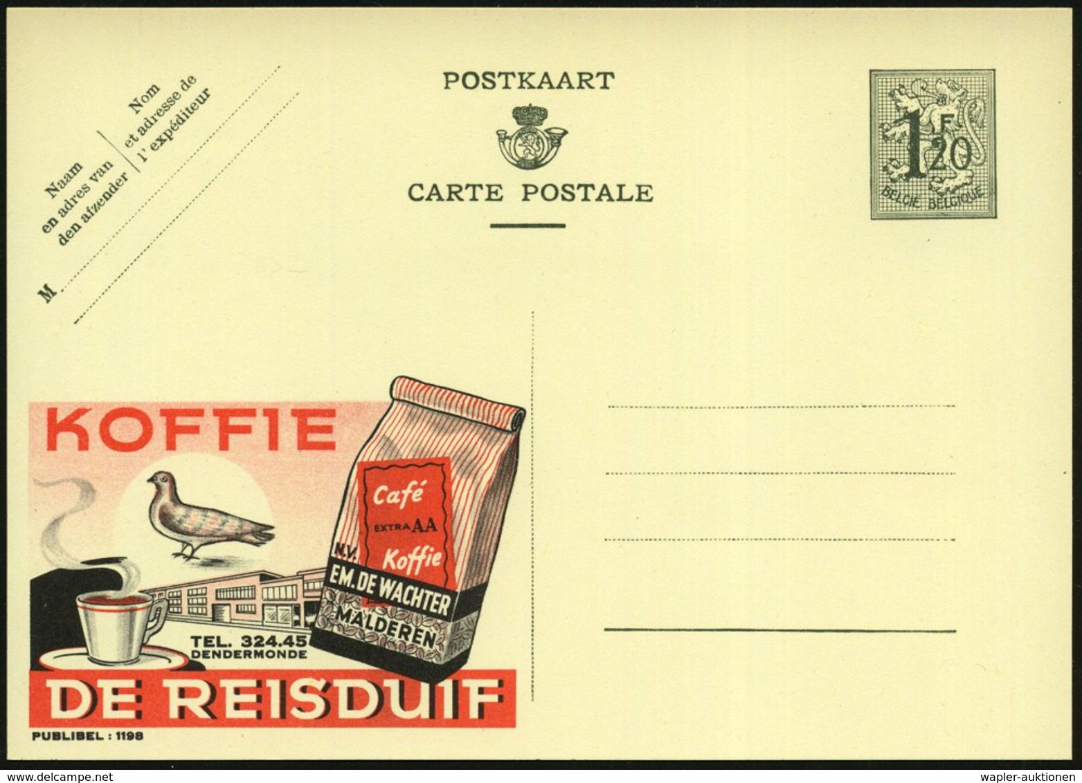 1952 BELGIEN, 1,20 F. Publibel-Ganzsache: KOFFIE DE REISDUIF = Packung Café, Tasse U. Taube, Ungebr. (Mi.P 283 II / 1198 - Other & Unclassified