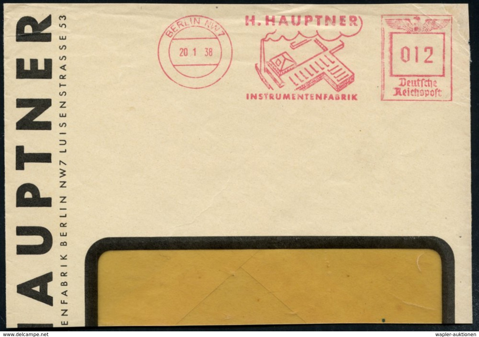 1938 (20.1.) BERLIN NW 7, Absender-Freistempel: H. HAUPTNER, INSTRUMENTENFABRIK (= Fabrik Für Medizintechnische Geräte D - Other & Unclassified