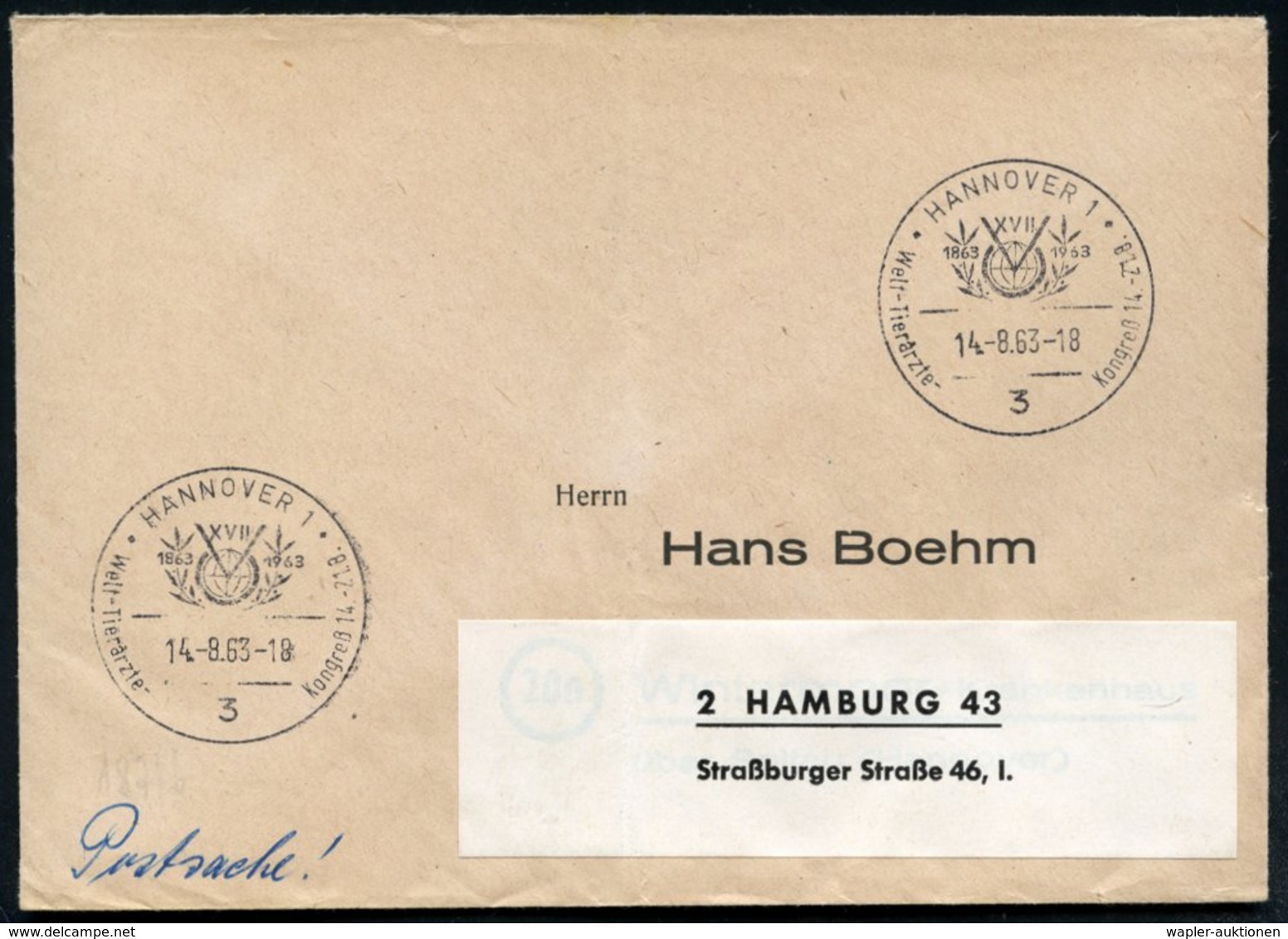 1963 (14.8.) 3 HANNOVER 1, Sonderstempel: XVII Welt-Tierärzte-Kongreß (Logo) 2x Auf Postdienstbrief (gefaltet) Da Antwor - Autres & Non Classés