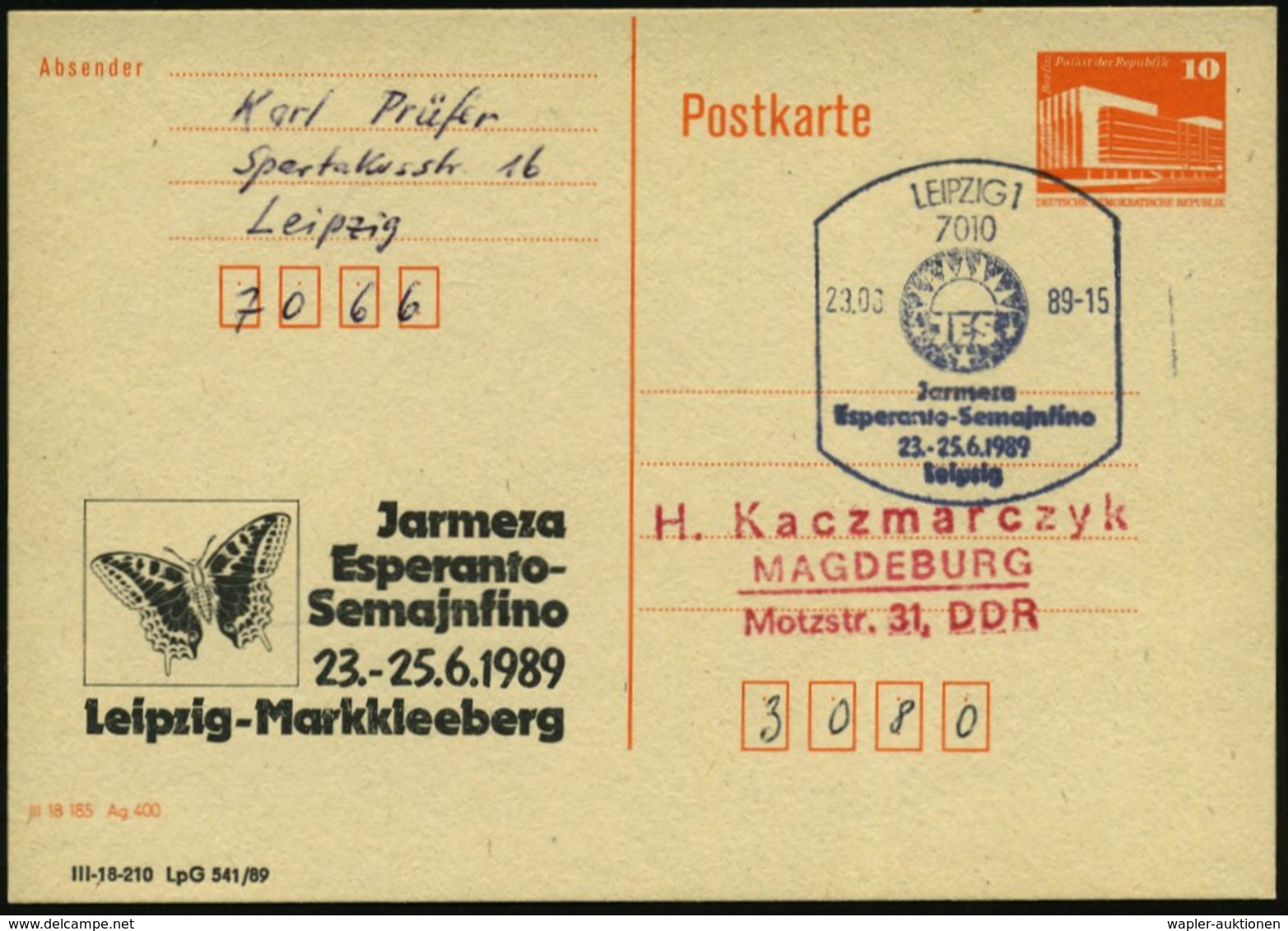 1989 (23.6.) 7010 Leipzig 1, Amtl. Ganzsache 10 Pf. PdR., Orange + Amtl. Zudruck: Jarmeza Esperanto-Semajnfino = Schmett - Other & Unclassified