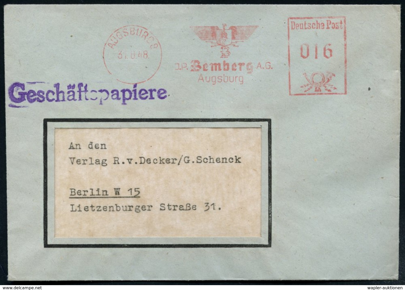 1948 (31.8.) AUGSBURG 8, Absender-Freistempel: J. R. Bemberg A.G. (= Seiden-Fabrikation) Mit Firmen-Logo, Rs. Absender-V - Other & Unclassified