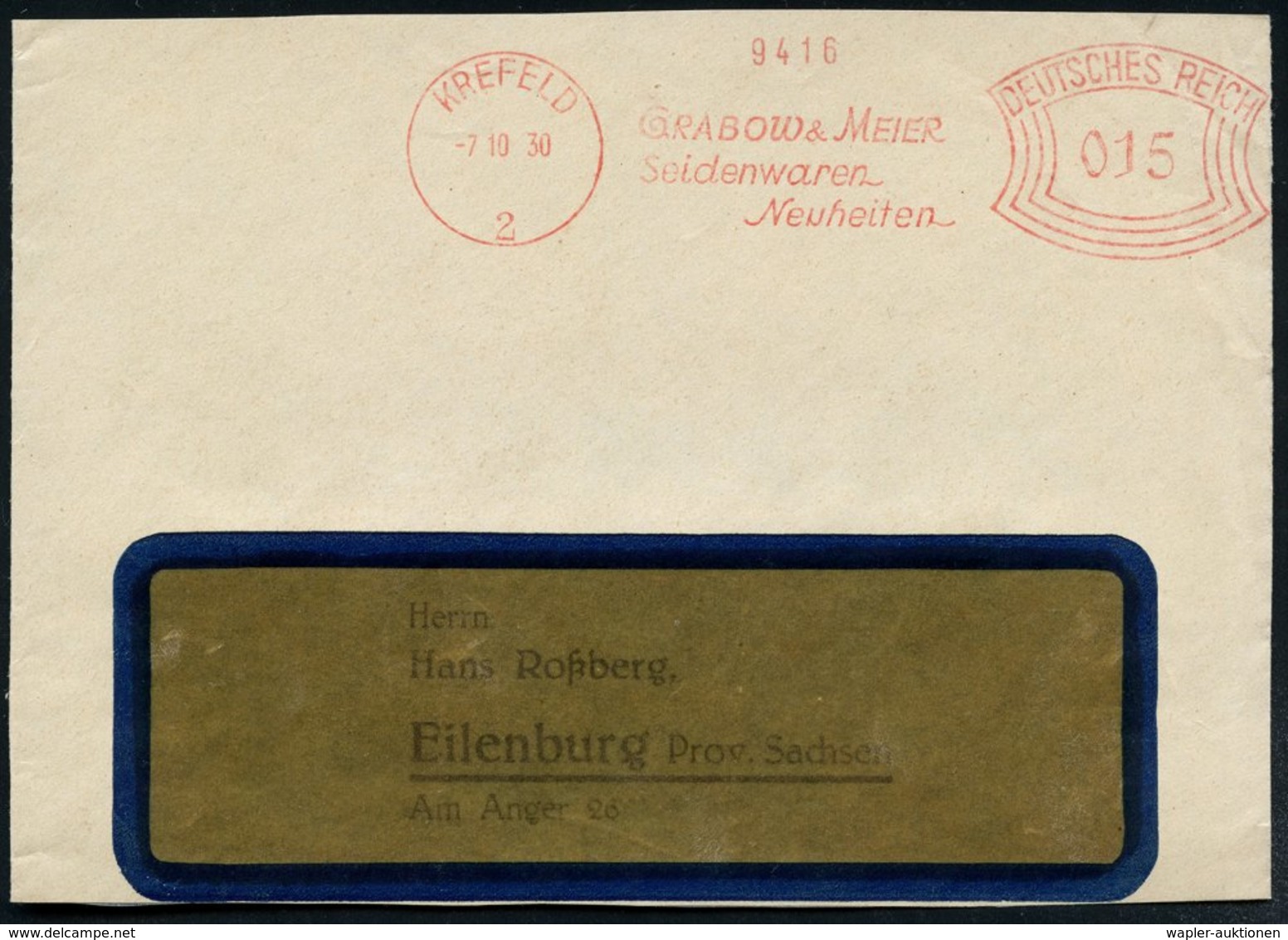 1930 (7.10.) KREFELD 2, Absender-Freistempel: GRABOW & MEIER, Seidenwaren.., Bedarfs-Vorderseite - Seidenraupe & Seide / - Other & Unclassified