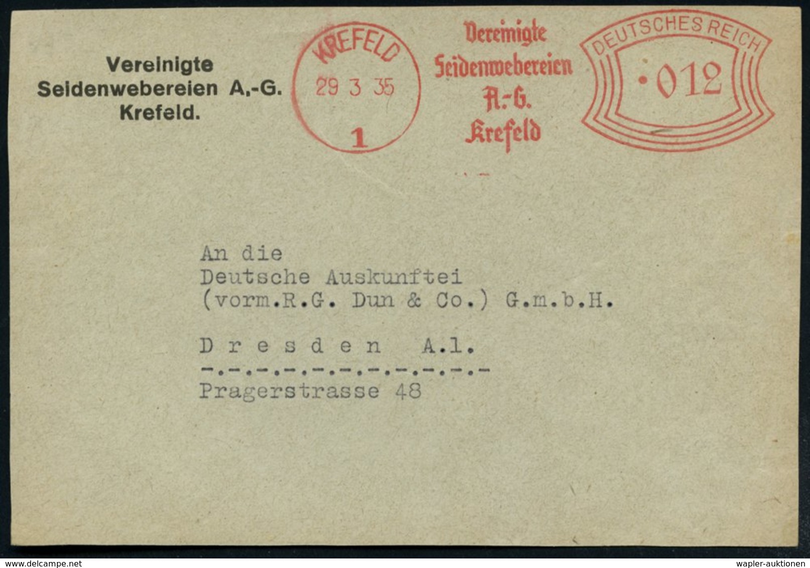 1936 (29.3.) KREFELD 1, Absender-Freistempel "Bogenrechteck": Vereinigte Seidenwebereien A.G., Bedarfs-Vorderseite Mit A - Other & Unclassified