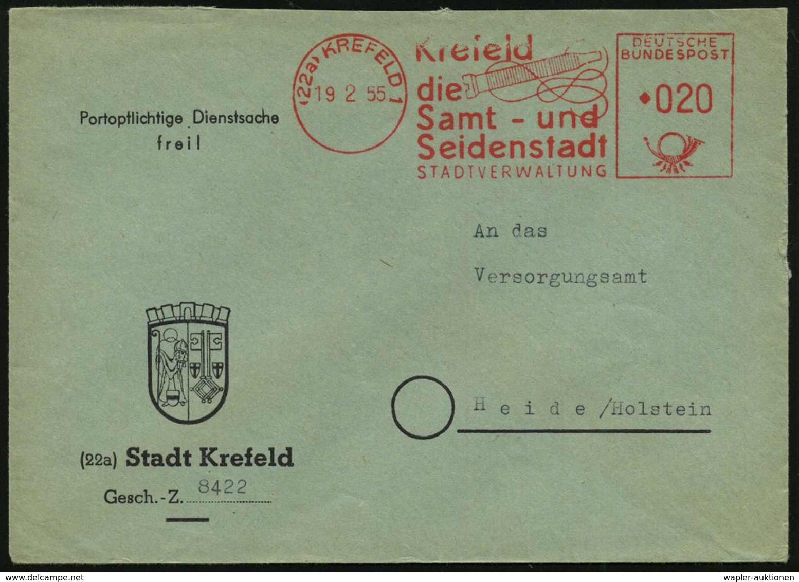 1955 (22 A) KREFELD 1, Absender-Freistempel "Hakenkreuz": Krefeld Die Samt- U. Seidenstadt.., Kommunaler Dienstbrief Mit - Other & Unclassified