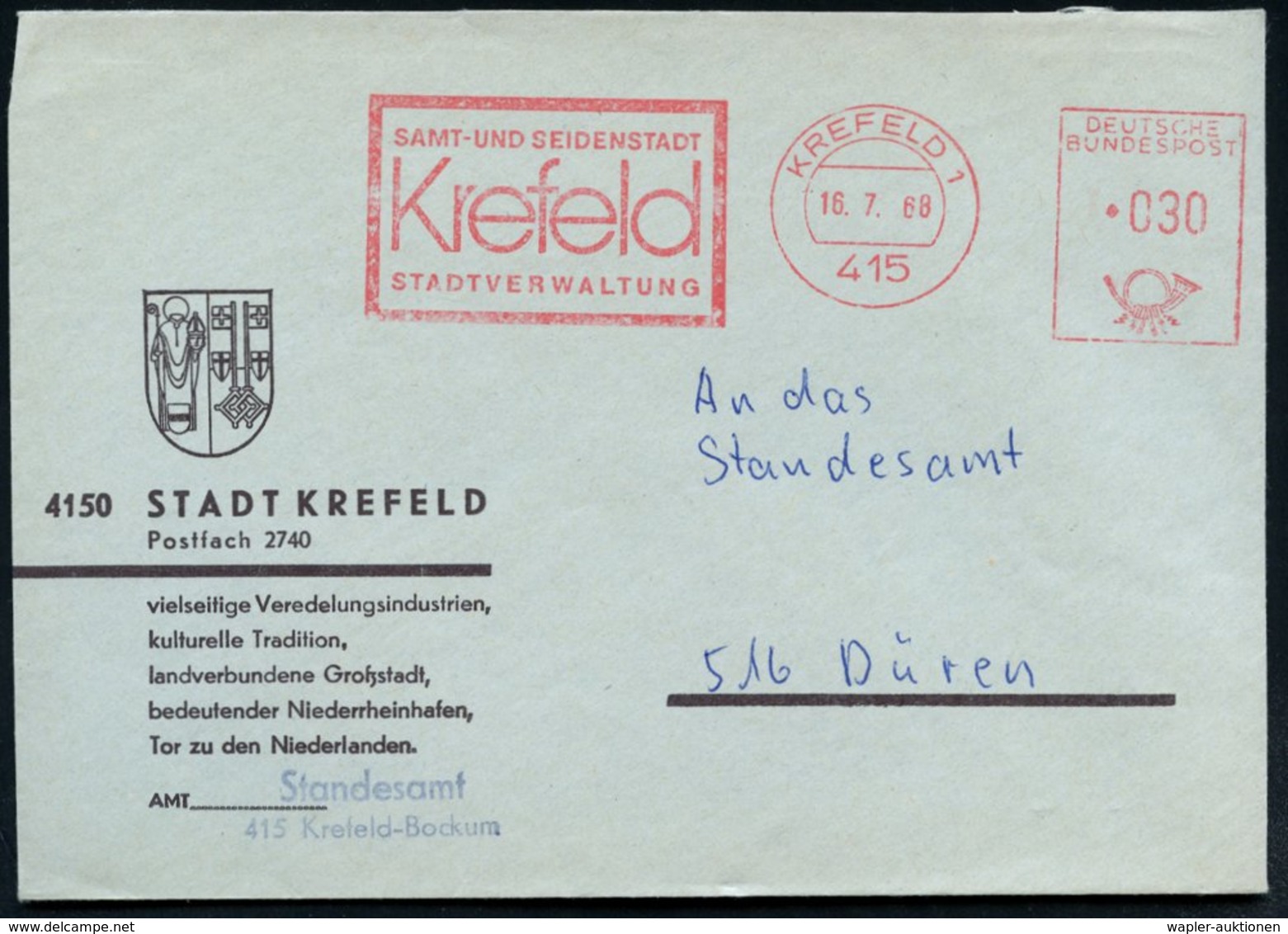 1968 415 KREFELD 1, Absender-Freistempel "Hakenkreuz": SAMT- UND SEIDENSTADT Krefeld.., Kommunaler Dienstbrief Mit Stadt - Sonstige & Ohne Zuordnung