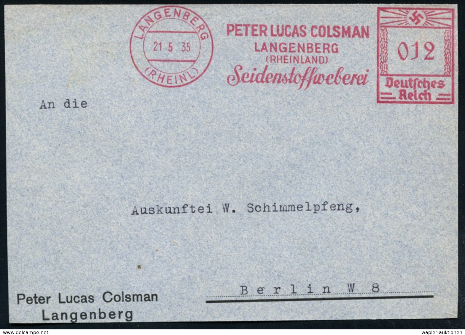 1935 (21.5.) LANGENBERG (RHEINL), Absender-Freistempel: PETER LUCAS COLSMAN.. Seidenstoffweberei, Kleine Firmen-Vorderse - Other & Unclassified