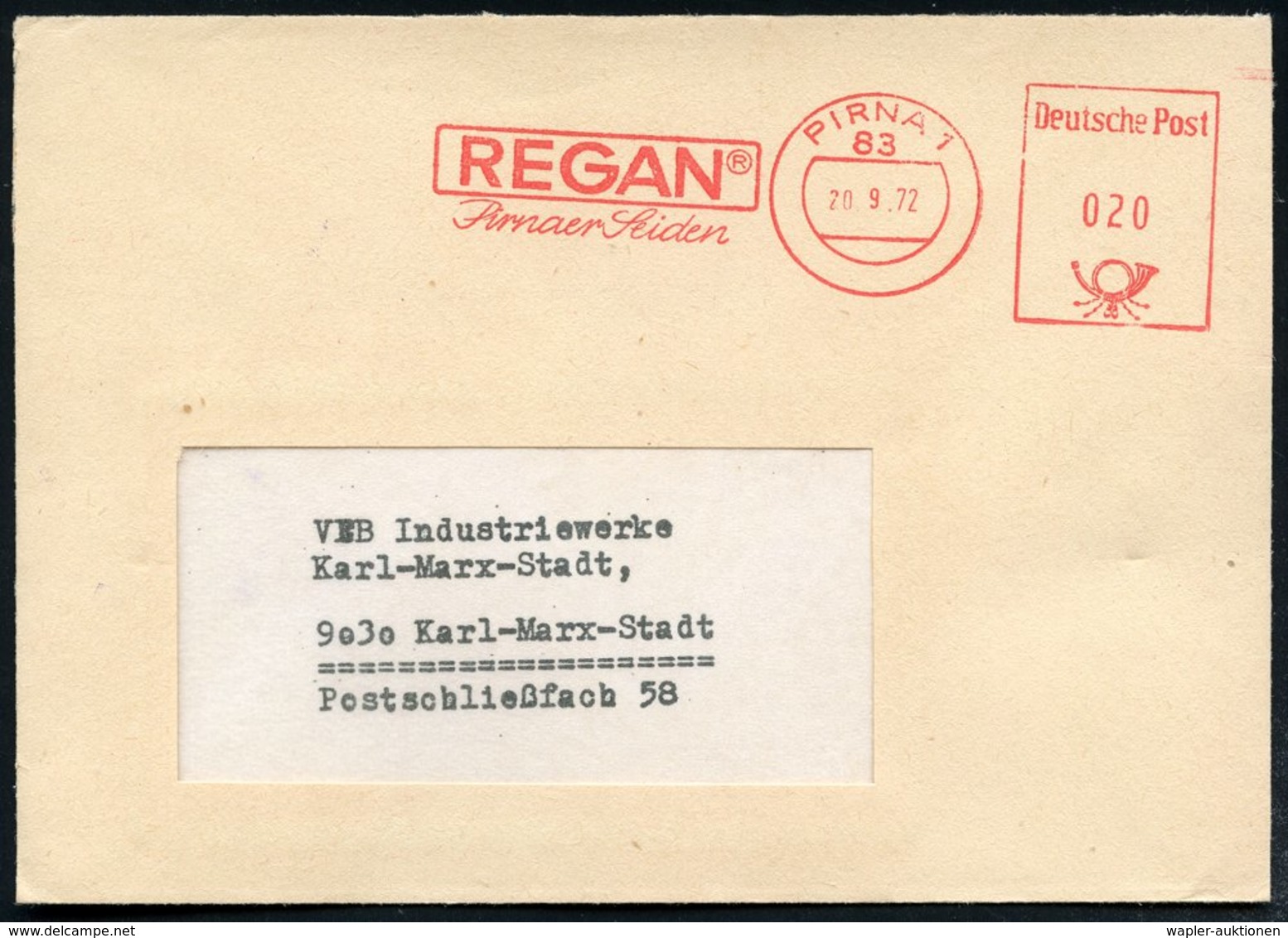 1972 83 PIRNA 1, Absender-Freistempel: REGAN, Pirnaer Seiden, Rs. Abs.-Stempel: VEB Chemiefaserkombinat Schwarza.. Kunst - Other & Unclassified