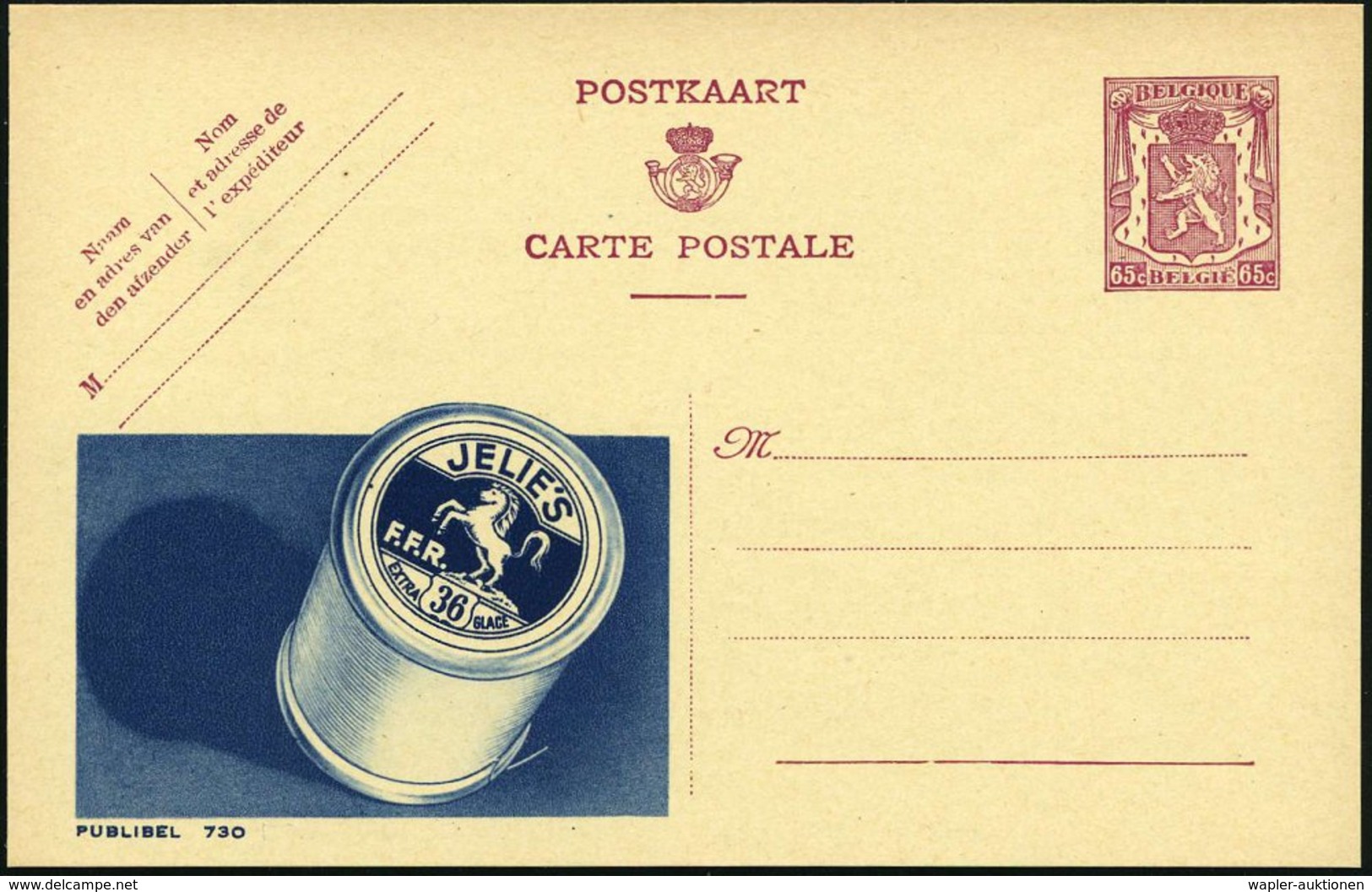 1946 BELGIEN, 65 C. Publibel-Ganzsache: JELIE'S F.F.R. EXTRA 36 GLACE = Seidengarnroll Mit Pferd, Ungebr. (Mi.P 222 A II - Other & Unclassified