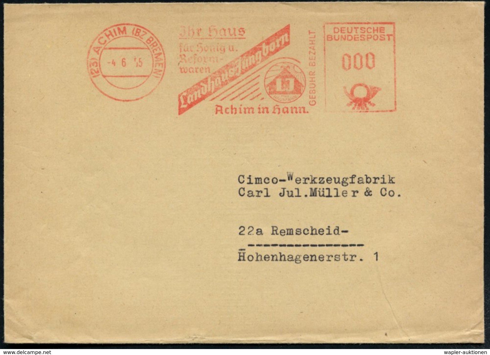 1955 (4.6.) (23) ACHIM (BZ BREMEN), Absender-Freistempel: Jhr Haus Für Honig U. Reformwaren, Landhaus Jungborn.. (Logo)  - Other & Unclassified