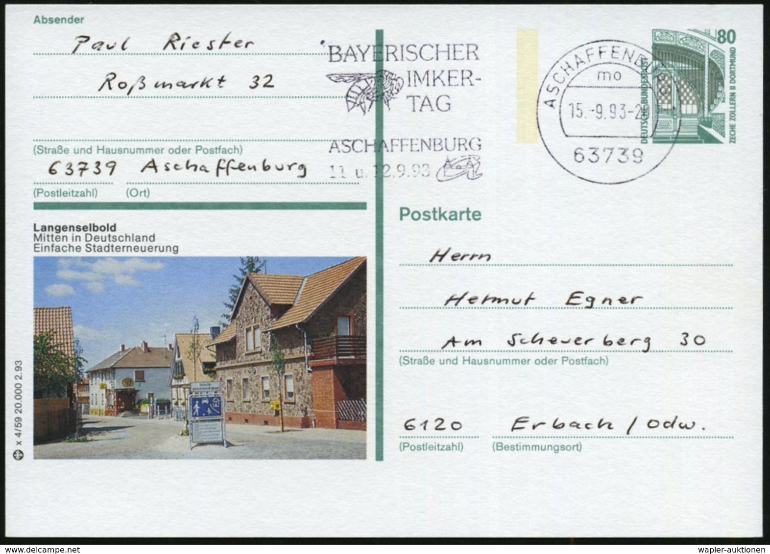 1993 (15.9.) 63739 ASCHAFFENBURG 1, Maschinen-Werbestempel: BAYERISCHER IMKER-TAG = Biene, Inl.-Karte - Hautflügler, Bie - Other & Unclassified