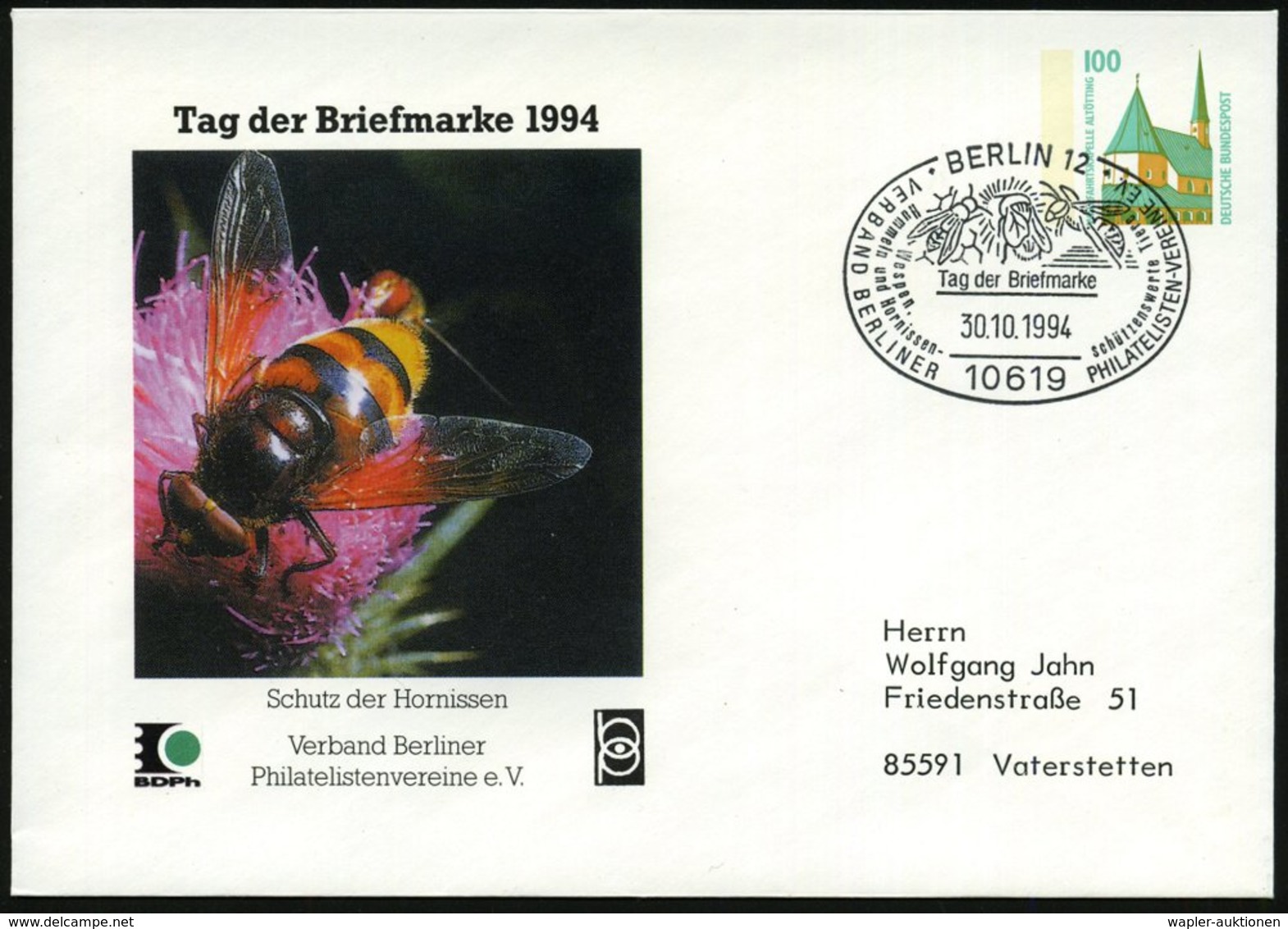 1994 (30.10.) 10619 BERLIN 12, PU 100 Pf. Altötting: Schutz Der Hornissen (= Hornisse Auf Blüte = Tag Der Briefmarke) +  - Other & Unclassified