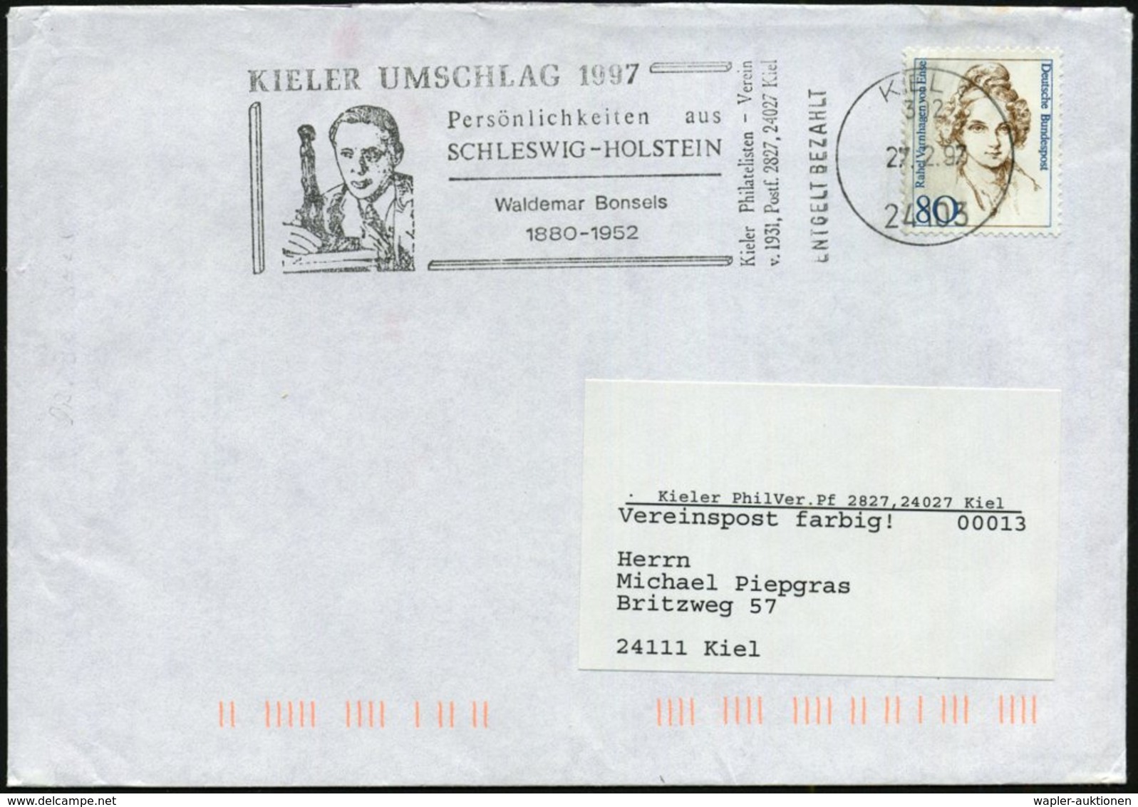 1997 (27.2.) 24103 KIEL 1, Absenderstempel "GEBÜHR BEZAHLT": .. Waldemar Bonseis, 1880 - 1952 = Autor Der "Biene Maja"   - Other & Unclassified
