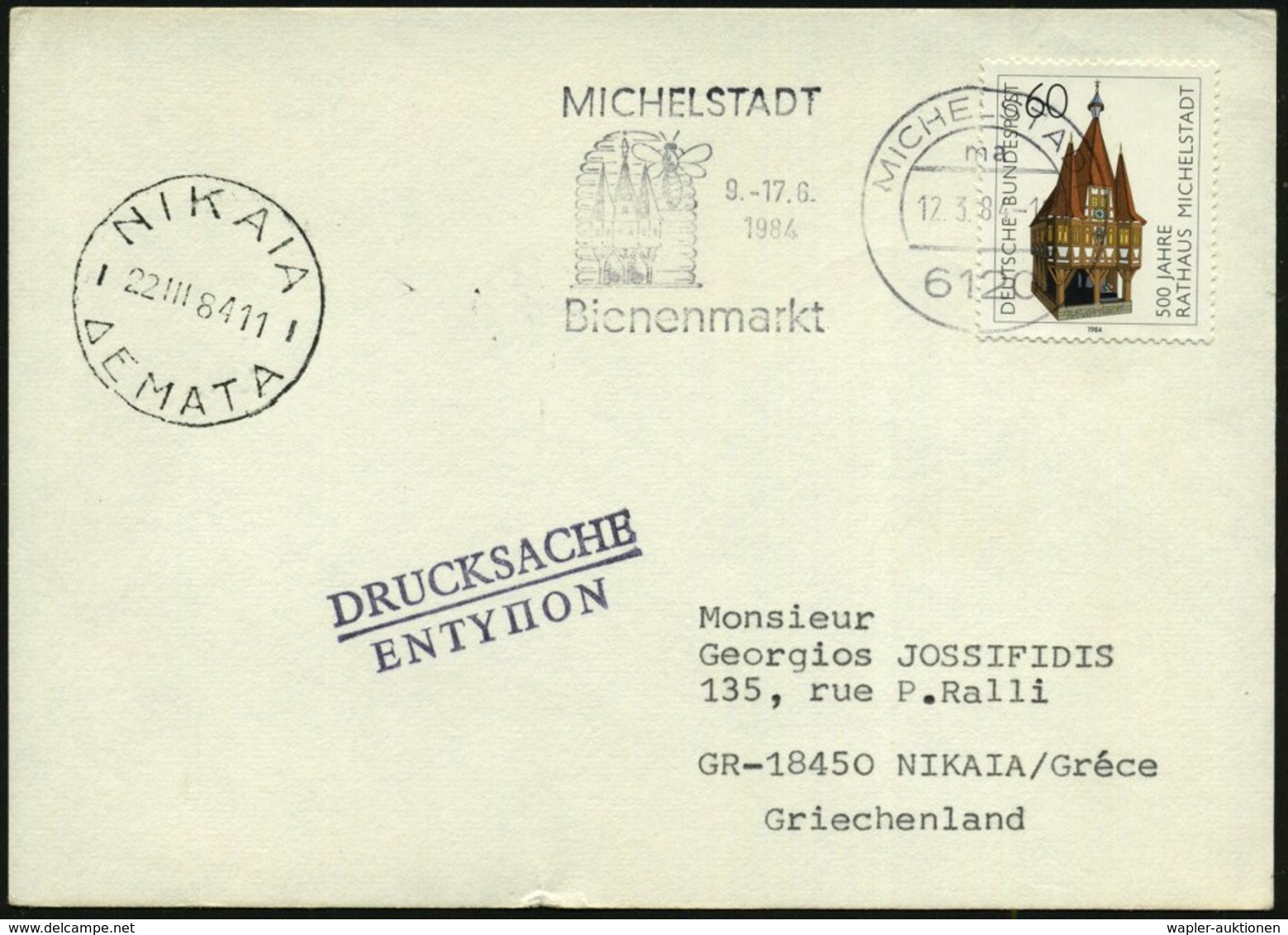 1984 (12.3.) 6120 MICHELSTADT, Maschinen-Werbestempel: 9. - 17.6. 1984 Bienenmarkt = Rathaus, Bienenkorb, Biene, Ortsgle - Other & Unclassified