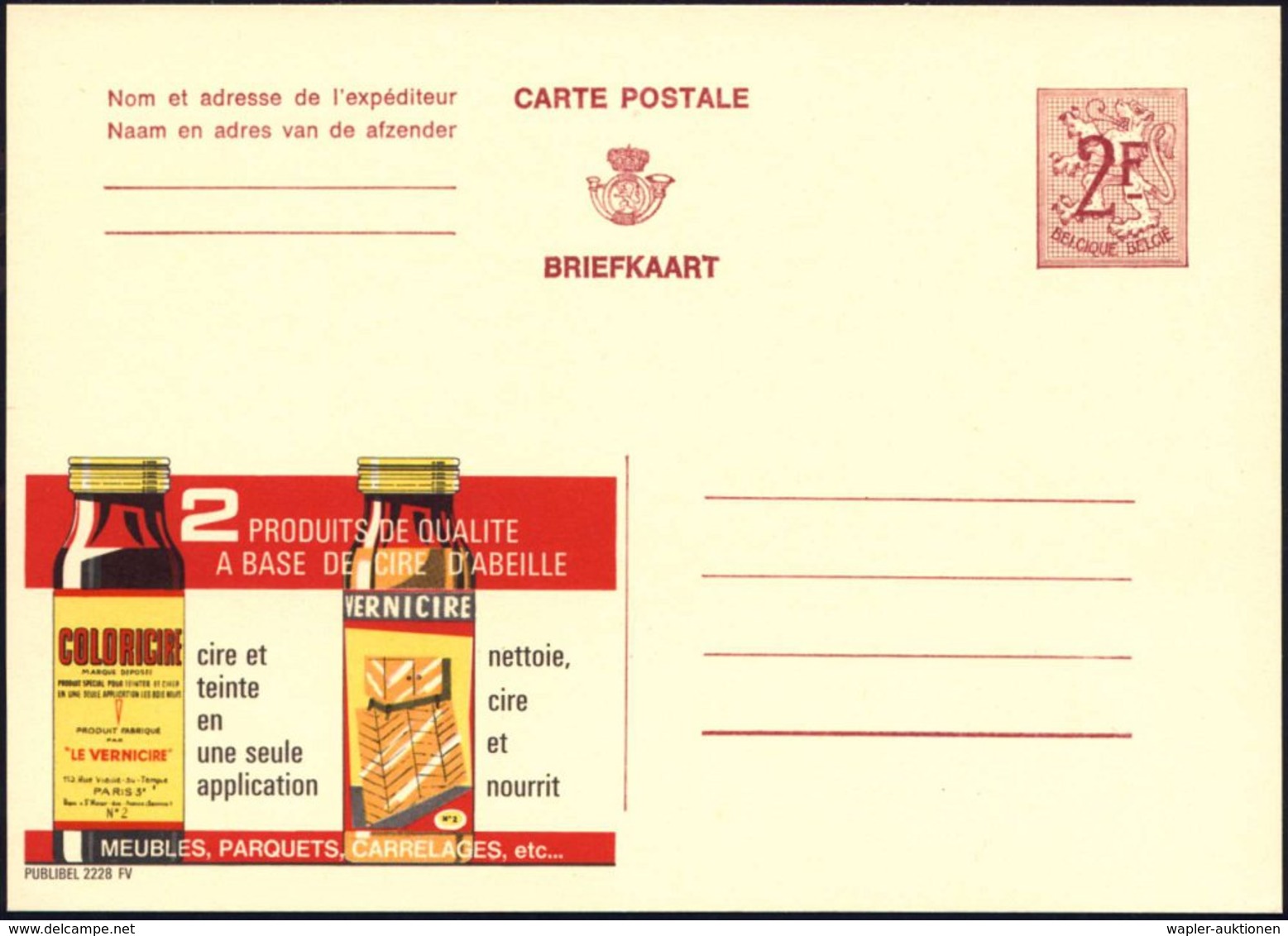 1969 BELGIEN, 2 F. Publibel-Ganzsache: 2 PRODUITS DE QUALITE A BASE DE CIRE ABEILLE.. = Bienen-basierte Möbelpolitur (2  - Other & Unclassified