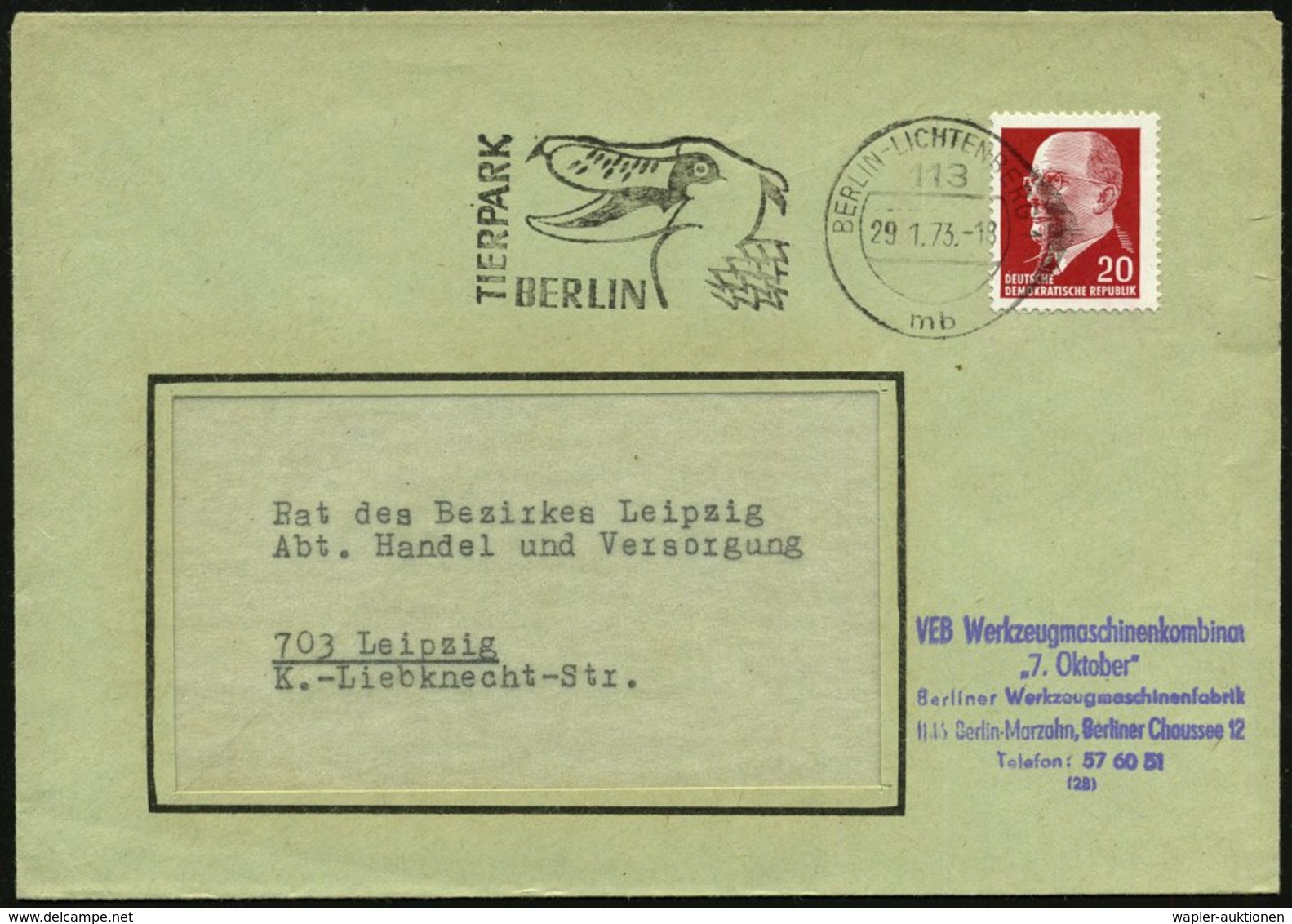 1973 113 BERLIN-LICHTENBERG 1, Maschinen-Werbestempel:TIERPARK BERLIN  = Kopf Eines Marabu, Firmenbrief - Zoologische Gä - Other & Unclassified