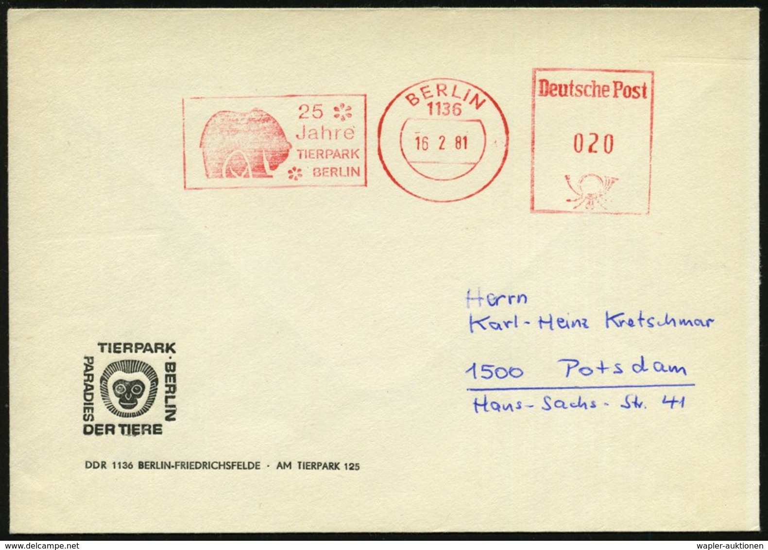 1980 (Febr.) 1136 BERLIN, Jubil.-Absender-Freistempel: 25 Jahre TIERPARK BERLIN (Bär = Zoo Ost-Berlin) Sonderumschlag. T - Other & Unclassified