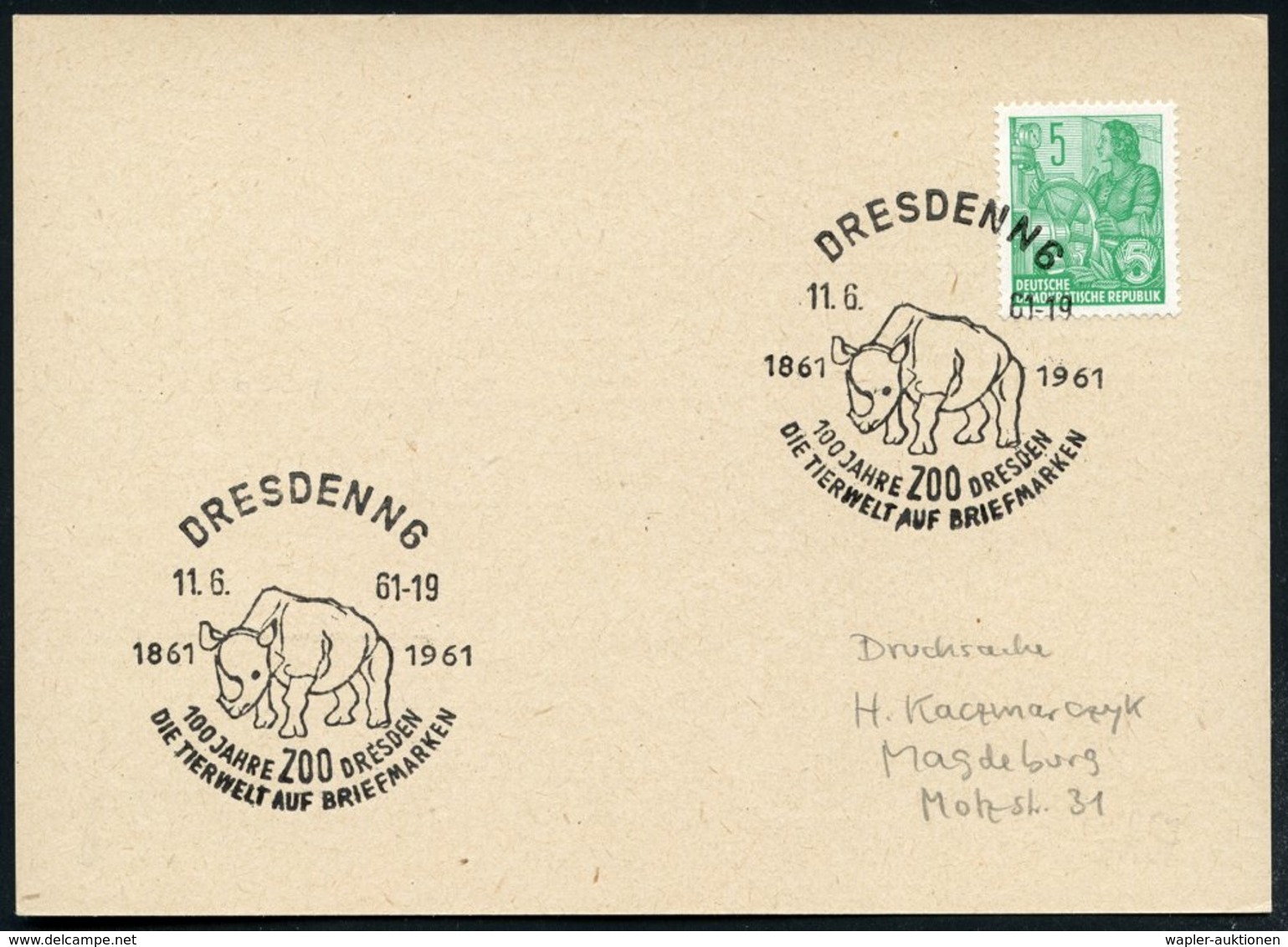 1961 (11.6.) DRESDEN N 6, Jubil.-Handwerbestempel: 100 JAHRE ZOO DRESDEN (Nashorn) 2x Auf Inl.-Karte (Bo.237) - Zoologis - Other & Unclassified