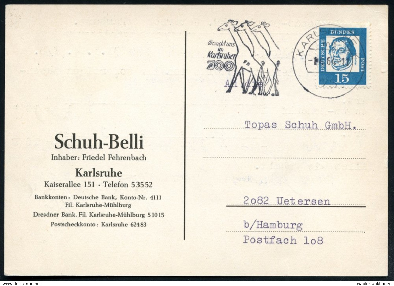 1964 75 KARLSRUHE 2, Maschinen-Werbestempel: Besucht Uns Im Karlsruher ZOO = 3 Giraffen, Firmenkarte (Bo.99 A II = UB "m - Other & Unclassified