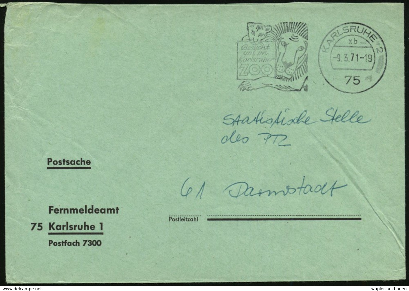 1971 (9.3.) 75 KARLSRUHE 2, Maschinen-Werbestempel: Besucht Uns Im Karlsruher ZOO = Löwe U. Löwenbaby, Markenloser Postd - Other & Unclassified