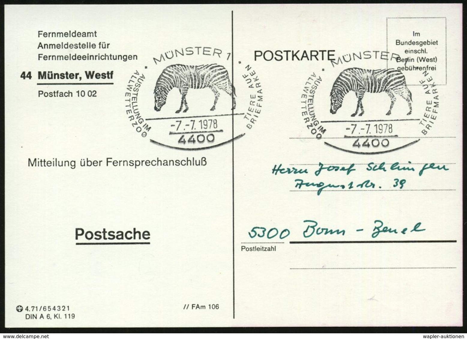 1978 (7.7.) 4400 MÜNSTER 1, Sonderstempel: Ausstellung Im Allwetterzoo.. = Zebra, 2x Auf Portofreier Postdienstkarte Fer - Sonstige & Ohne Zuordnung