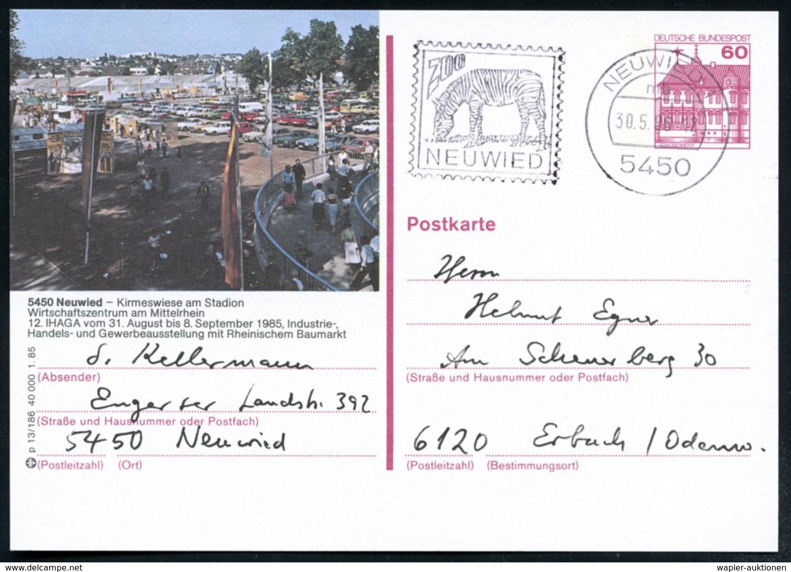 1986 (30.5.) 5450 NEUWIED 1, Maschinen-Werbestempel: ZOO NEUWIED = Zebra, Ortsgleiche Bild-Ganzsache 60 Pf. 5450 Neuwied - Other & Unclassified