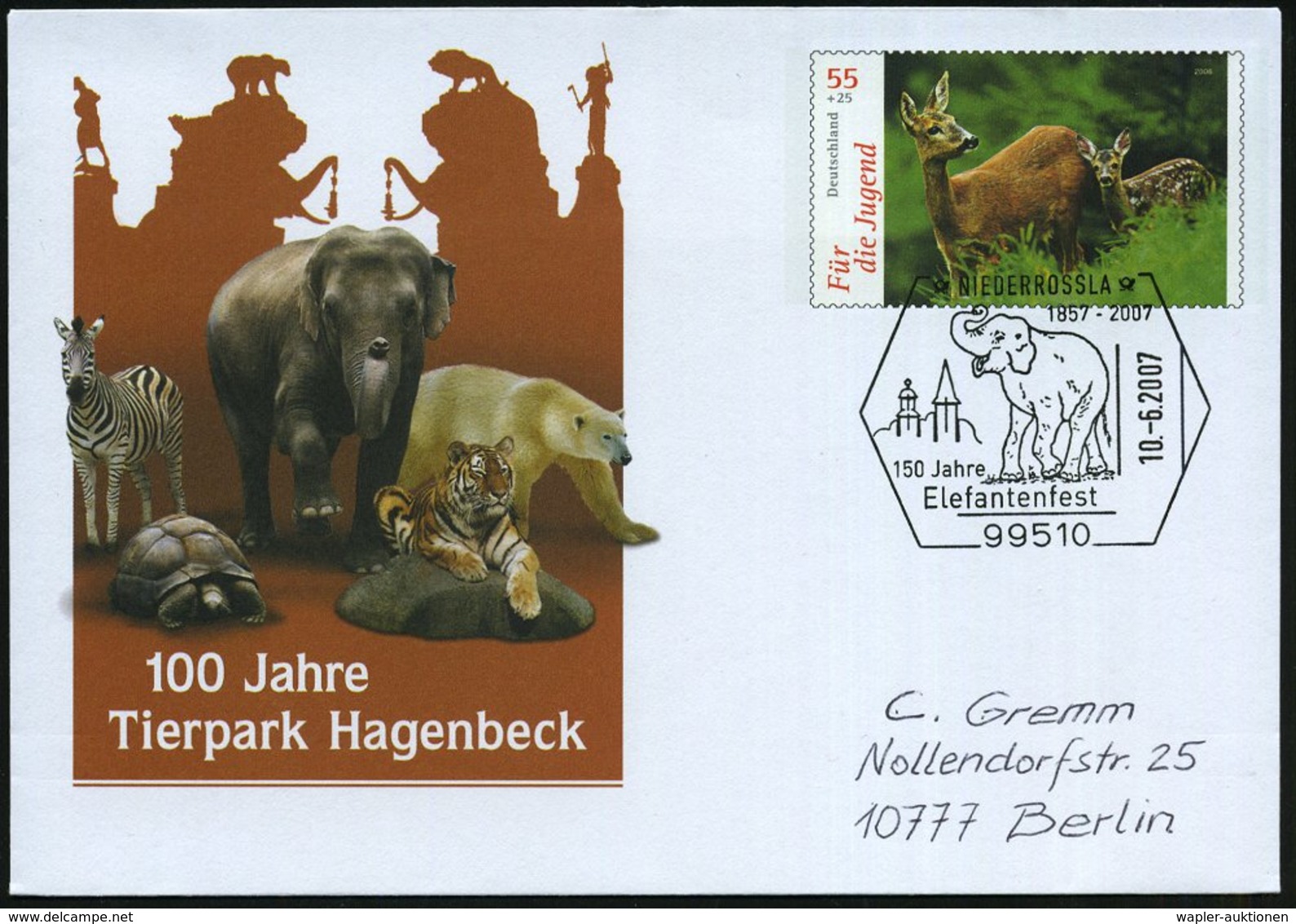 2007 (10.6.) 99510 NIEDERROSSLA, Sonderstempel: 150 Jahre Elefantenfest (Elefant) Auf Sonder-Ganzsachen-Umschlag 55 + 25 - Other & Unclassified