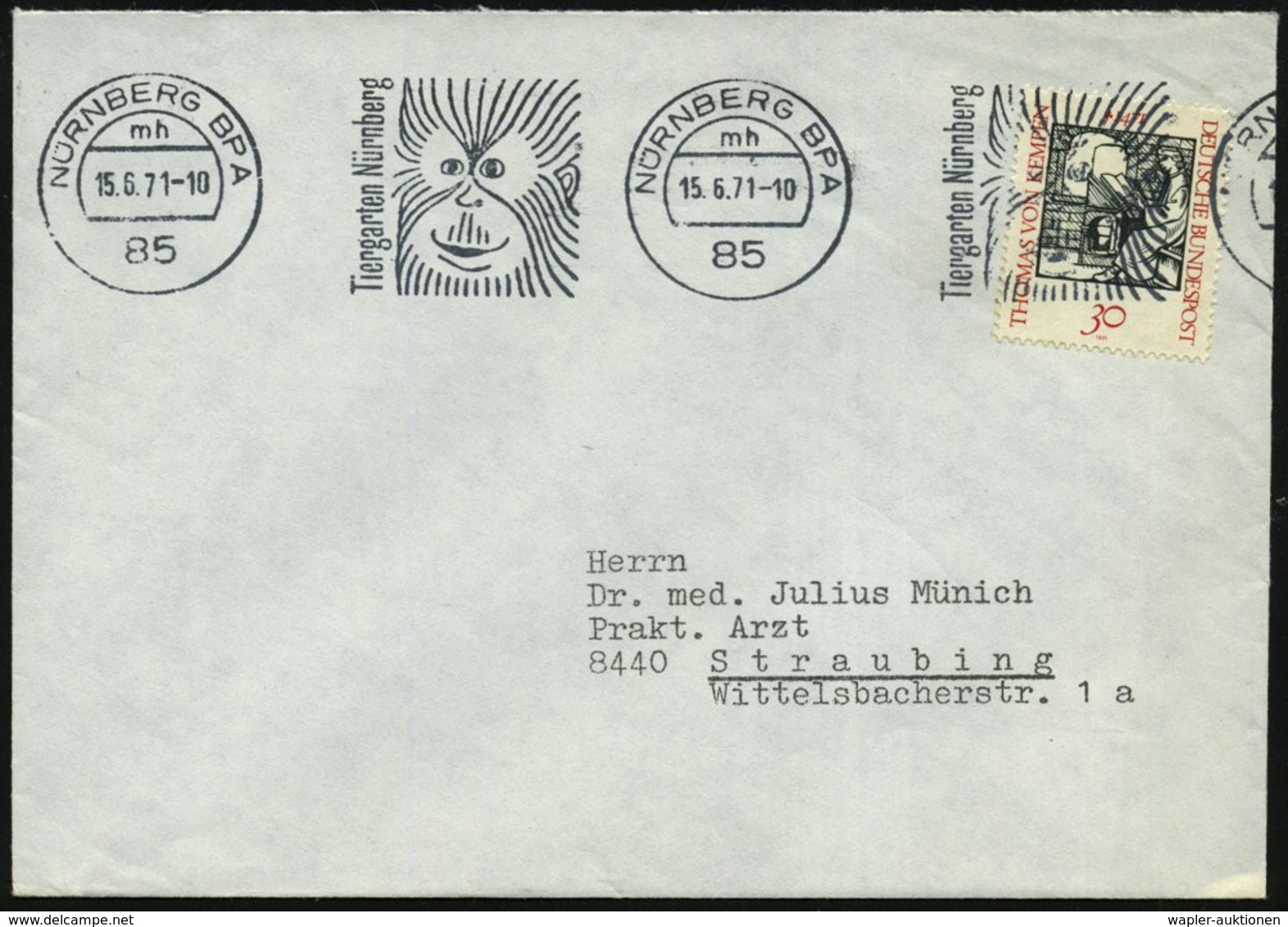 1971 (15.6.) 85 NÜRNBERG BPA, Band-Maschinen-Werbestempel: Tiergarten Nürnberg (= Kopf Eines Orang Utan) Fernbrief (Bo.2 - Other & Unclassified