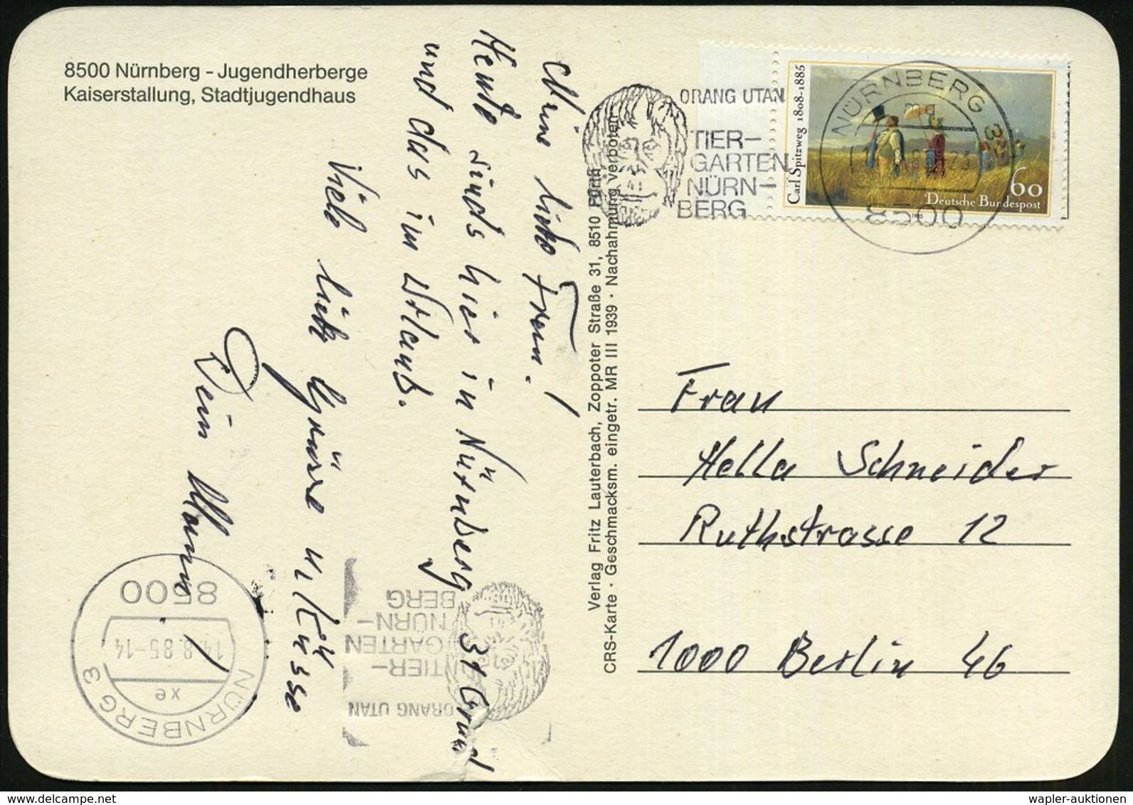 1985 (14.8.) 8500 NÜRNBERG 3, Maschinen-Werbestempel: ORANG UTAN, TIER-GARTEN NÜRNBERG (Kopf Eines Orang Utans) Bedarfs- - Sonstige & Ohne Zuordnung