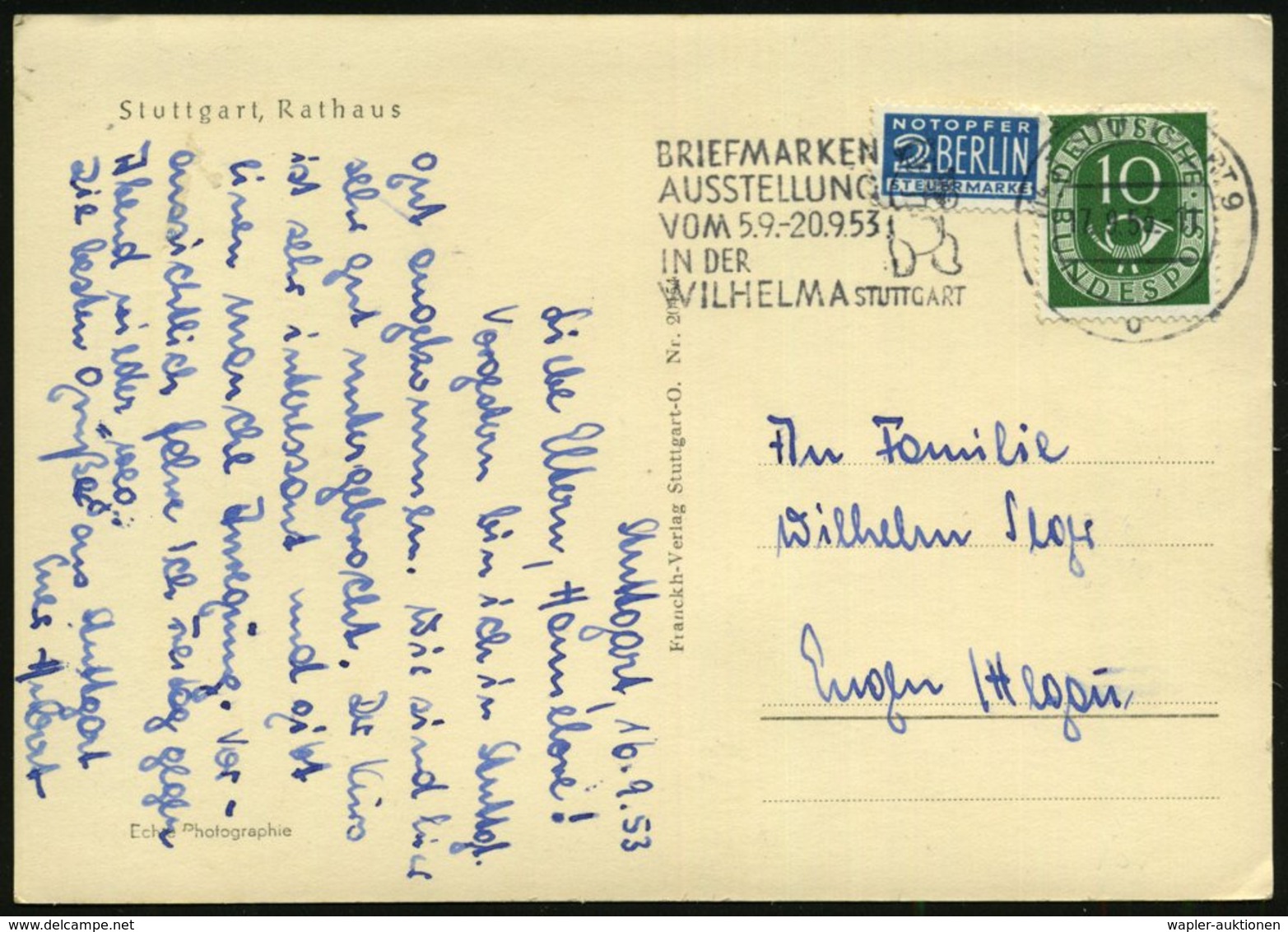 1953 (17.9.) (14 A) STUTTGART 9, Maschinen-Werbestempel: BRIEFMARKEN-AUSSTELLUNG.. IN DER WILHELMA (Bär) S/ W.-Bedarfs-A - Other & Unclassified