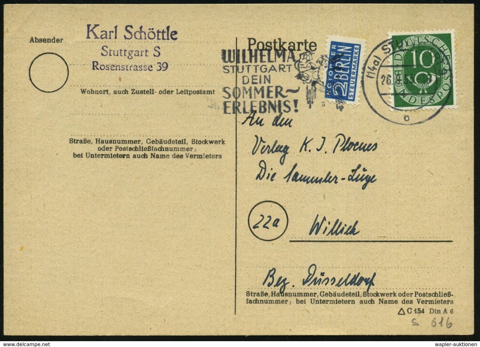 1953 (26.9.) (14 A) STUTTGART 9, Maschinen-Werbestempel: WILHELMA.. DEIN SOMMER-ERLEBNIS (Papageien) Bedarfskarte (Bo.S  - Other & Unclassified