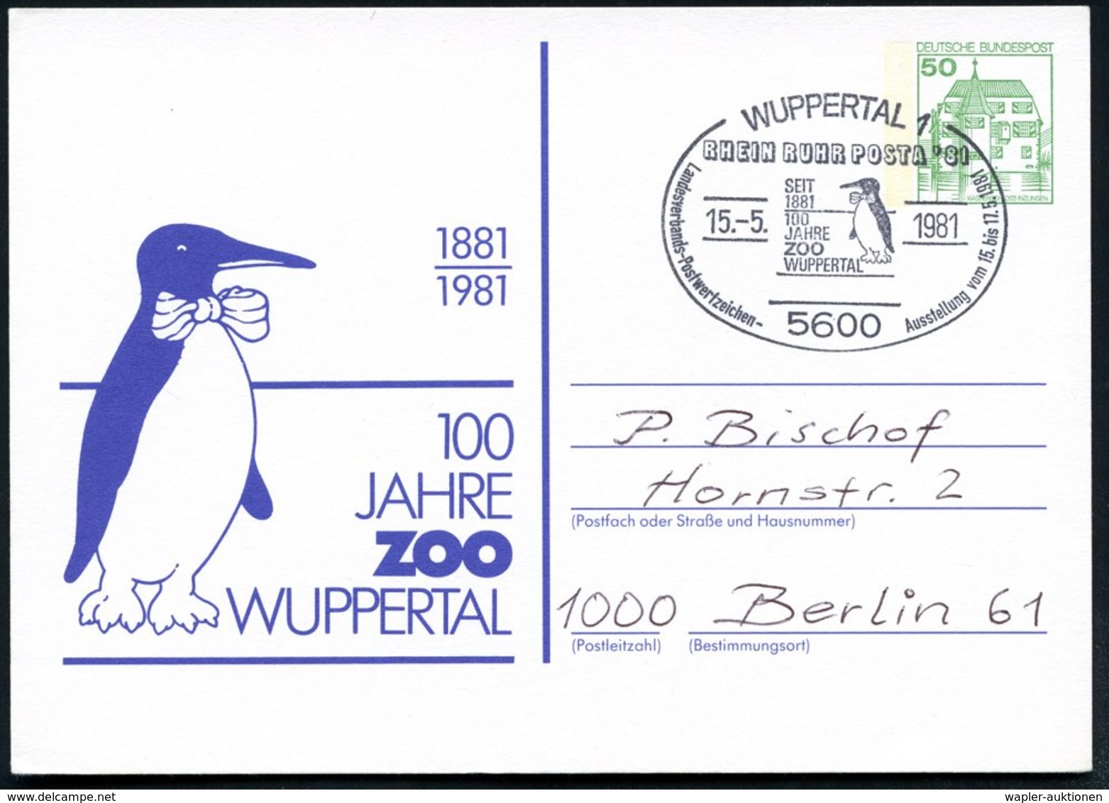 1981 (15.5.) 5600 WUPPERTAL 1, PP 50 Pf. Burgen: 100 JAHRE ZOO.. = Pinguin (Mi.PP 104/ 135) + Motivgleicher Sonderstempe - Other & Unclassified