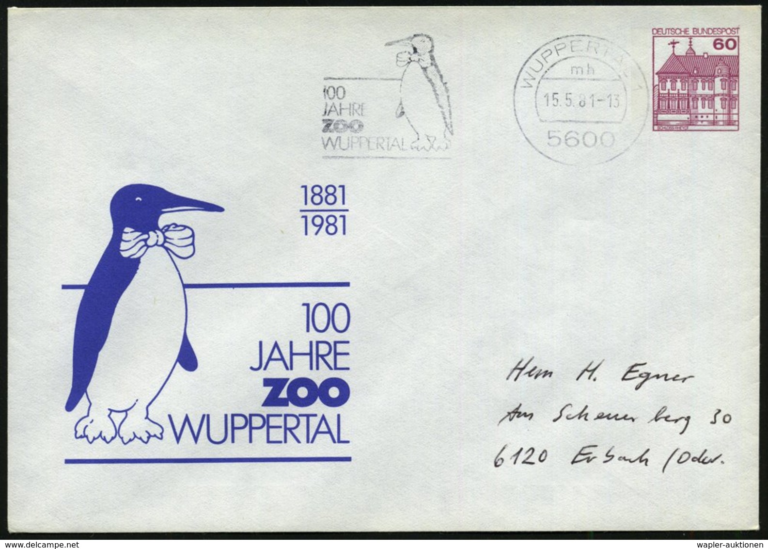 1981 (15.5.) 5600 WUPPERTAL 1, PU 60 Pf. Burgen: 100 JAHRE ZOO.. = Pinguin (Mi.PU 117/ 135) + Motivgleicher Maschinen-We - Other & Unclassified