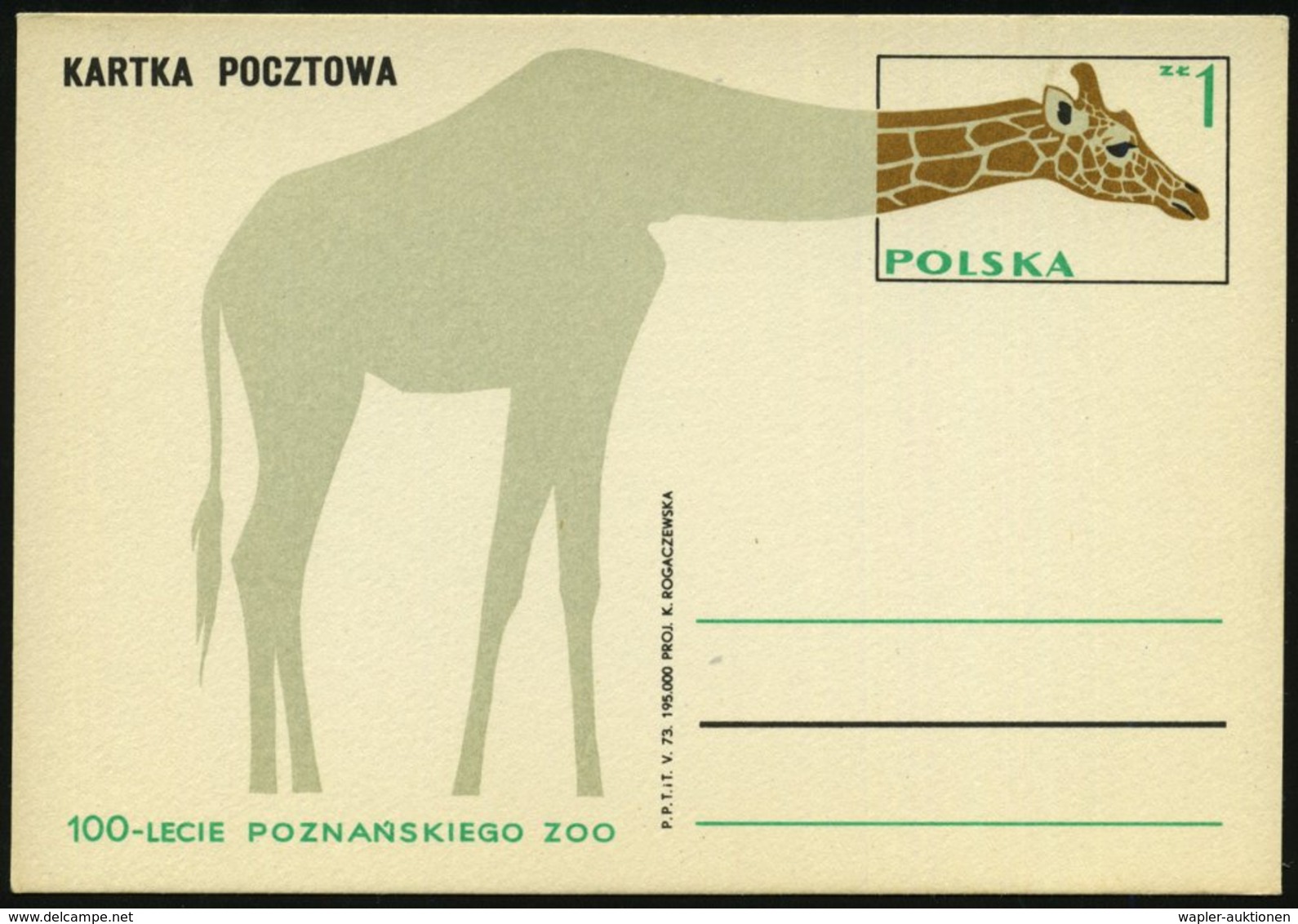 1973 POLEN, 1 Zl. Sonder-Ganzsache: 100 Jahre Zoo Poznan (Posen) = Giraffe, Ungebr. (Mi.P 630) - Zoologische Gärten / Zo - Other & Unclassified