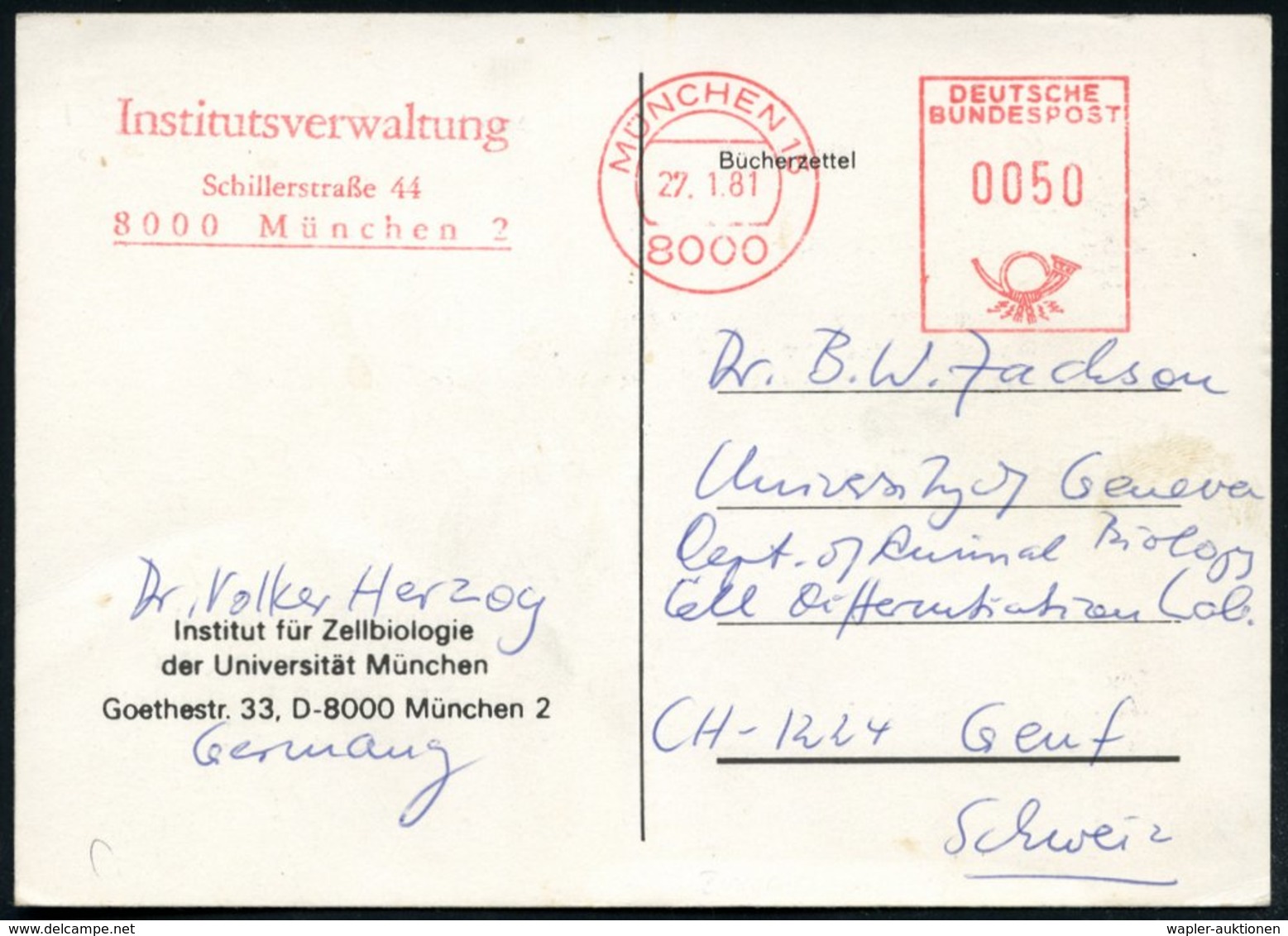 1981 (27.1.) 8000 MÜNCHEN 15, Absender-Freistempel: Institutsverwaltung.. Auf Dienstkarte: Institut Für Zellbiologie Der - Altri & Non Classificati