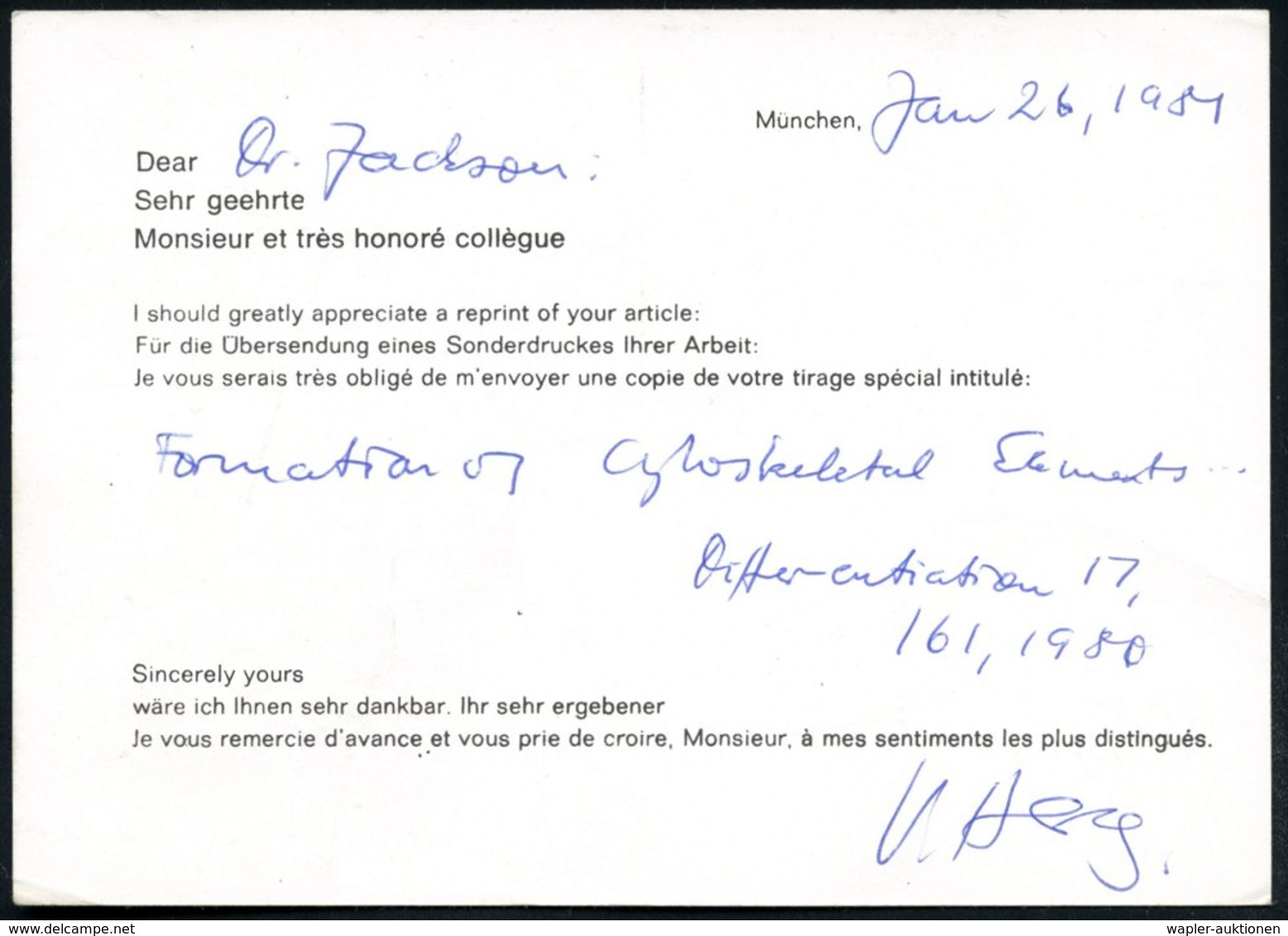 1981 (27.1.) 8000 MÜNCHEN 15, Absender-Freistempel: Institutsverwaltung.. Auf Dienstkarte: Institut Für Zellbiologie Der - Other & Unclassified