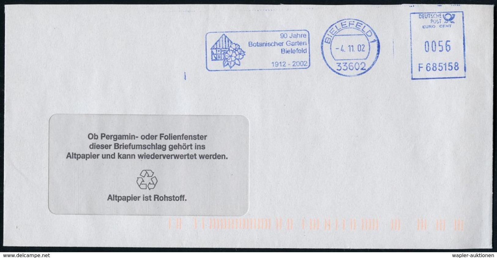 2002 (4.11.) 33602 BIELEFELD 1, Blauer, Kommunaler Absender-Freistempel: 90 Jahre Botanischer Garten Bielefeld 1912 - 20 - Other & Unclassified