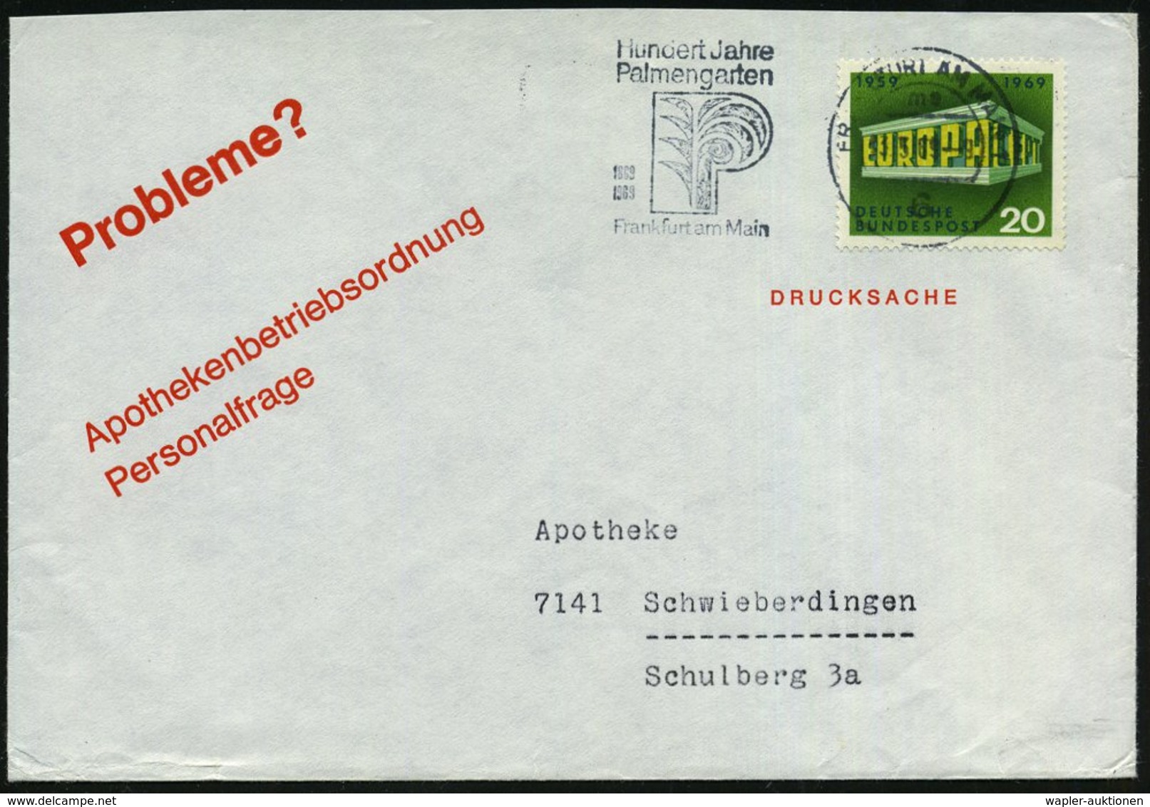 1969 (13.5.) 6 FRANKFURT AM MAIN 1, Maschinen-Werbestempel: Hundert Jahre Palmengarten.. (Palmen-Monogramm = Botanischer - Other & Unclassified